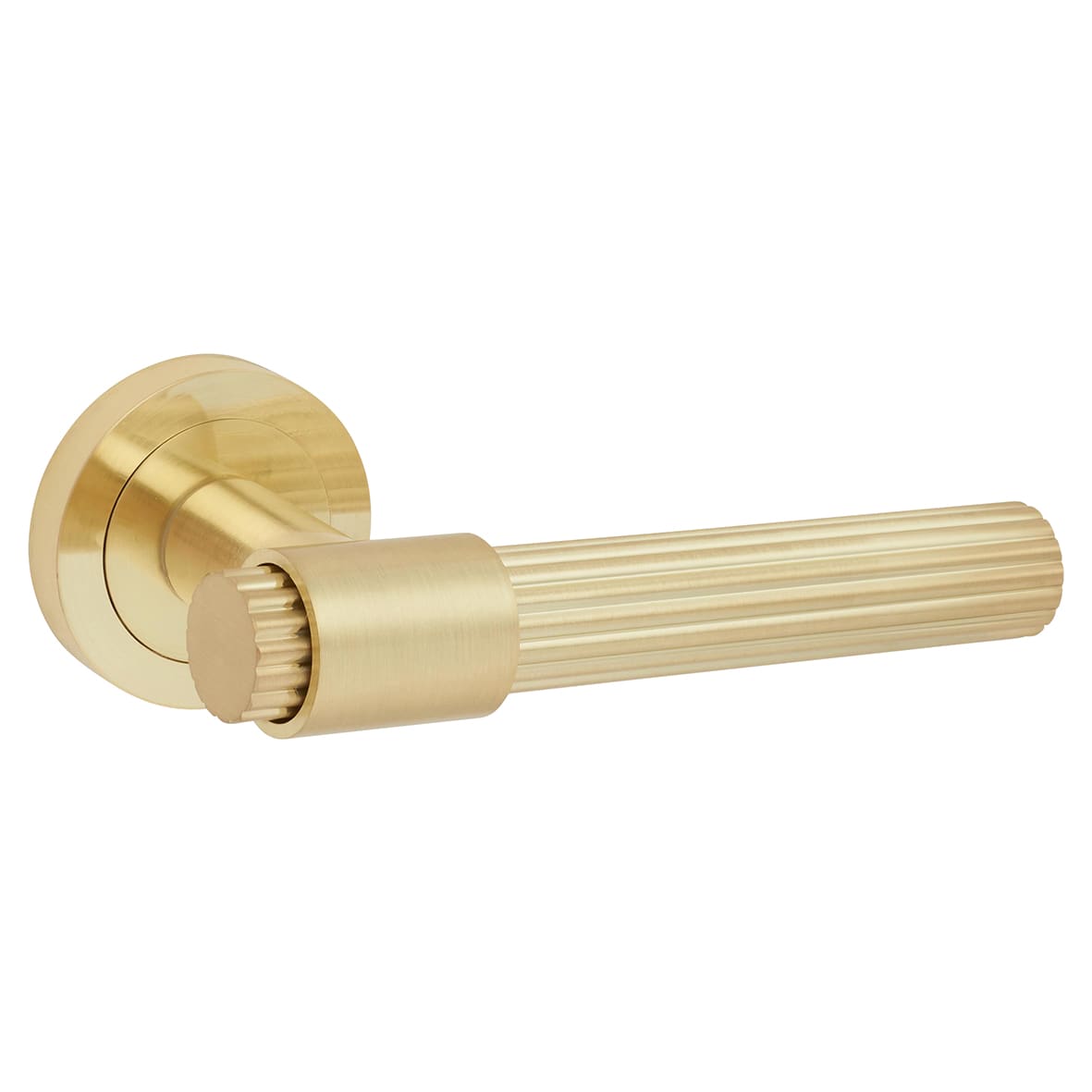Satin Brass Lines Door Handles on Round Rose - Eva Range - view 2