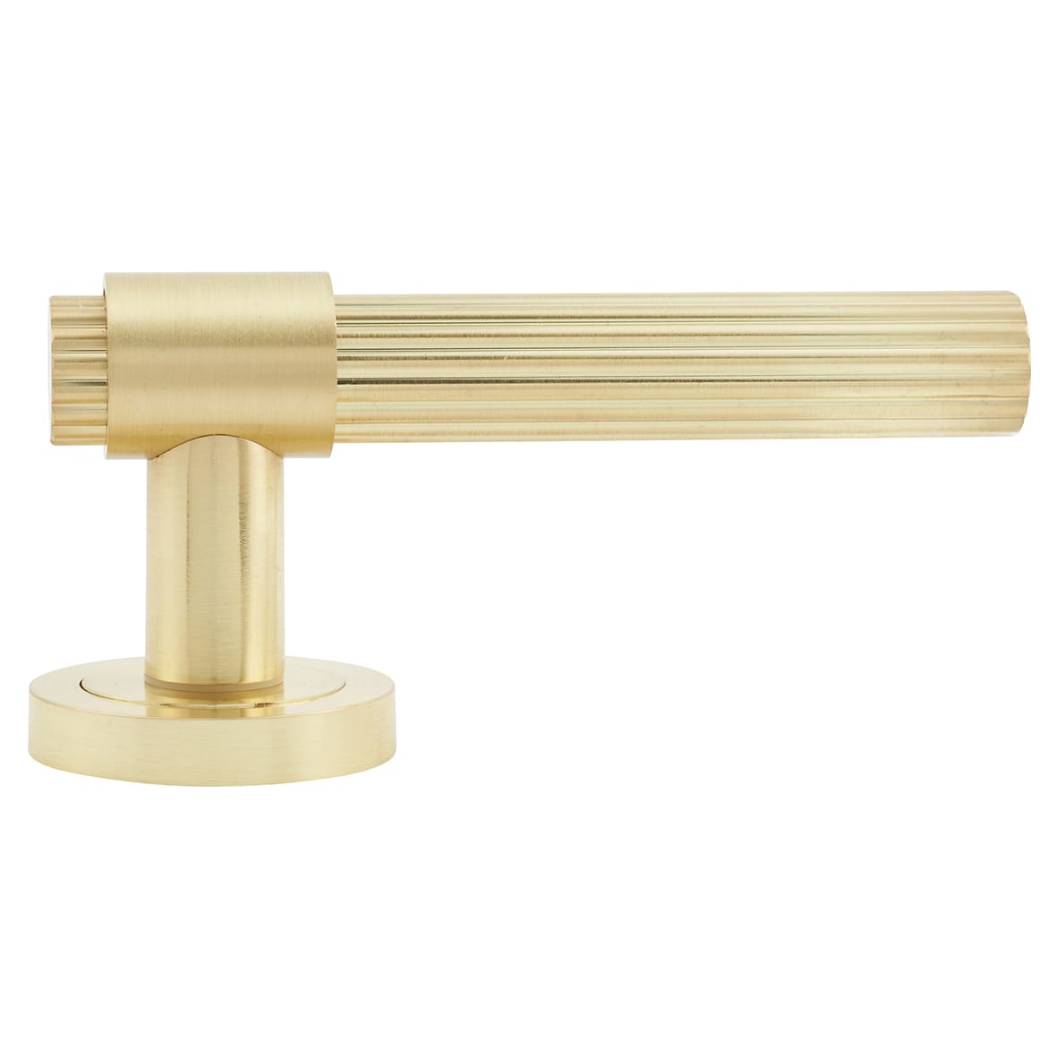 Satin Brass Lines Door Handles on Round Rose - Eva Range - view 3