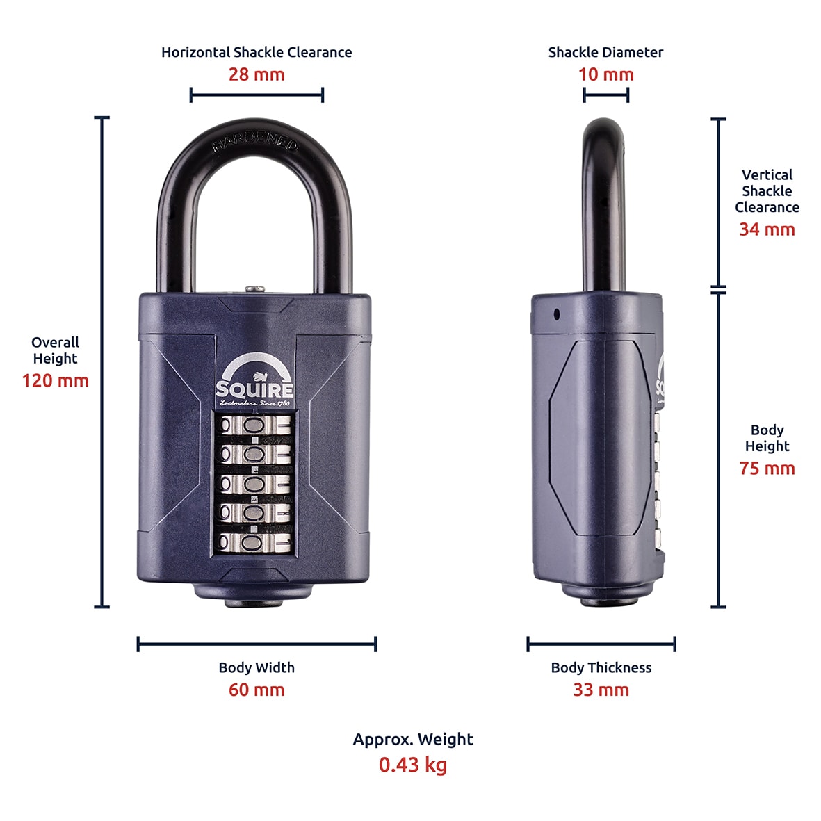Combination All Weather Padlock - 60mm Body - 33 x 28mm Shackle - Blue - view 5