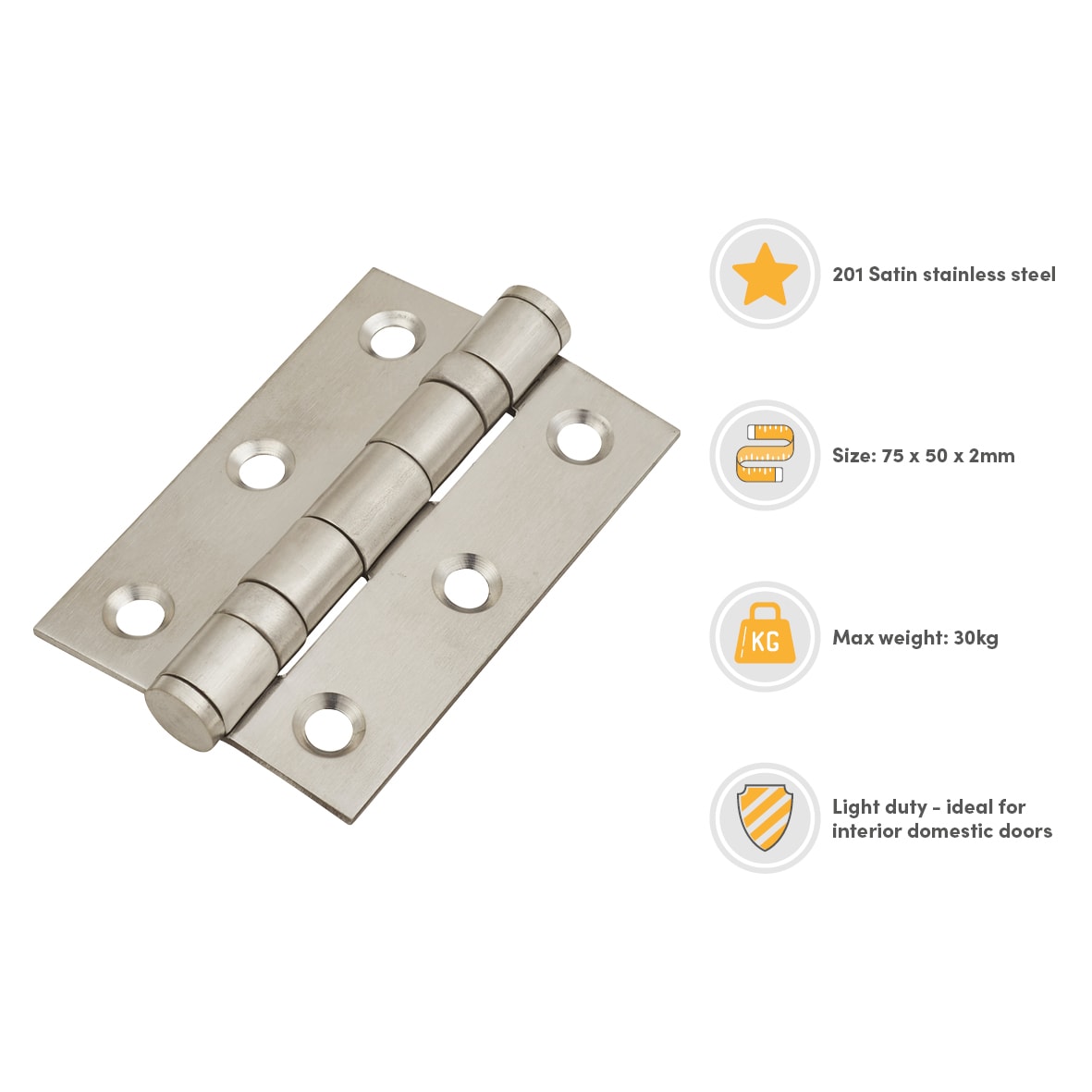 Twin Ball Bearing Butt Door Hinge - 75 x 50 x 2mm - Satin Stainless Steel - Pair - view 3