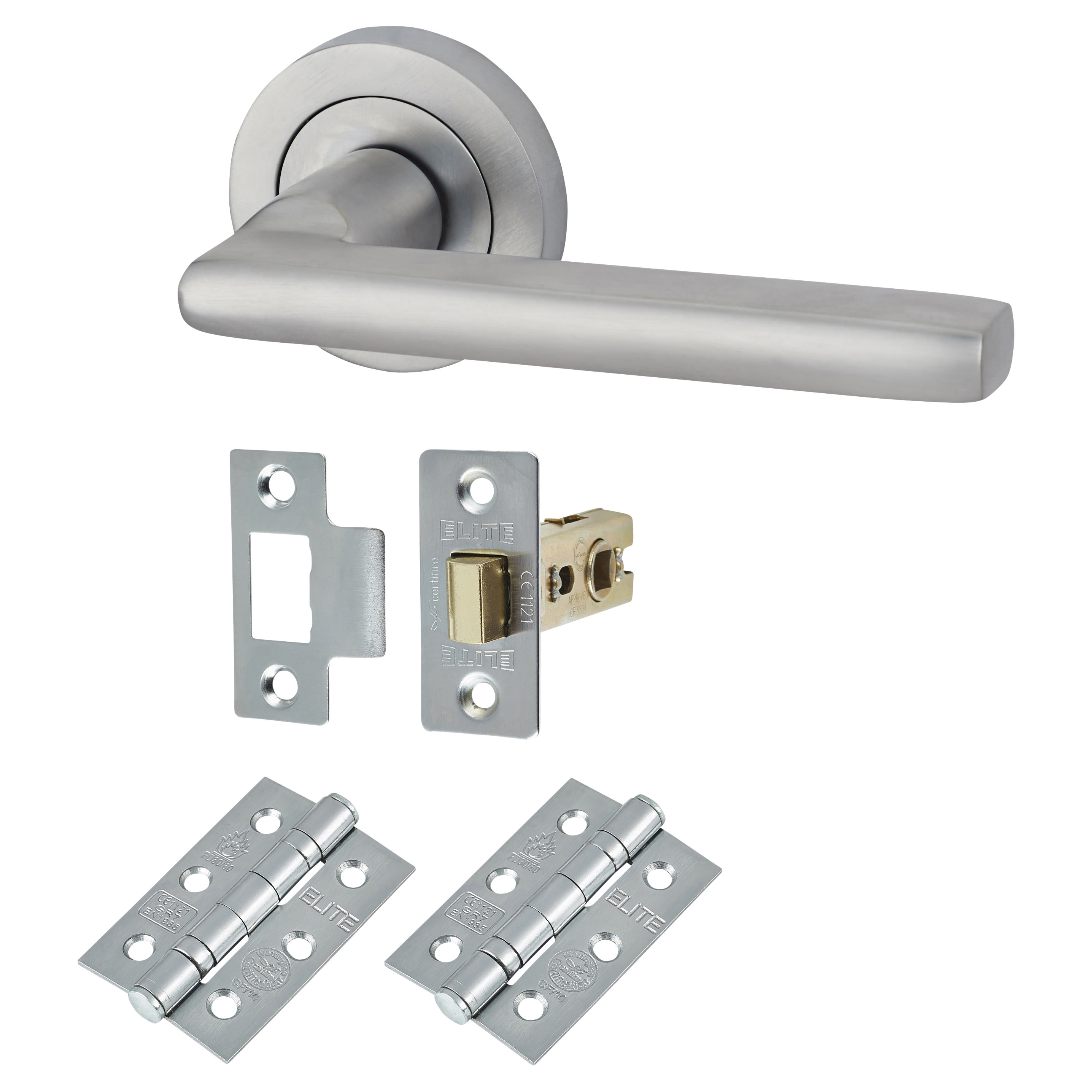 Satin Chrome Latch Door Handles on Rose Pack - Sophia Range - view 2