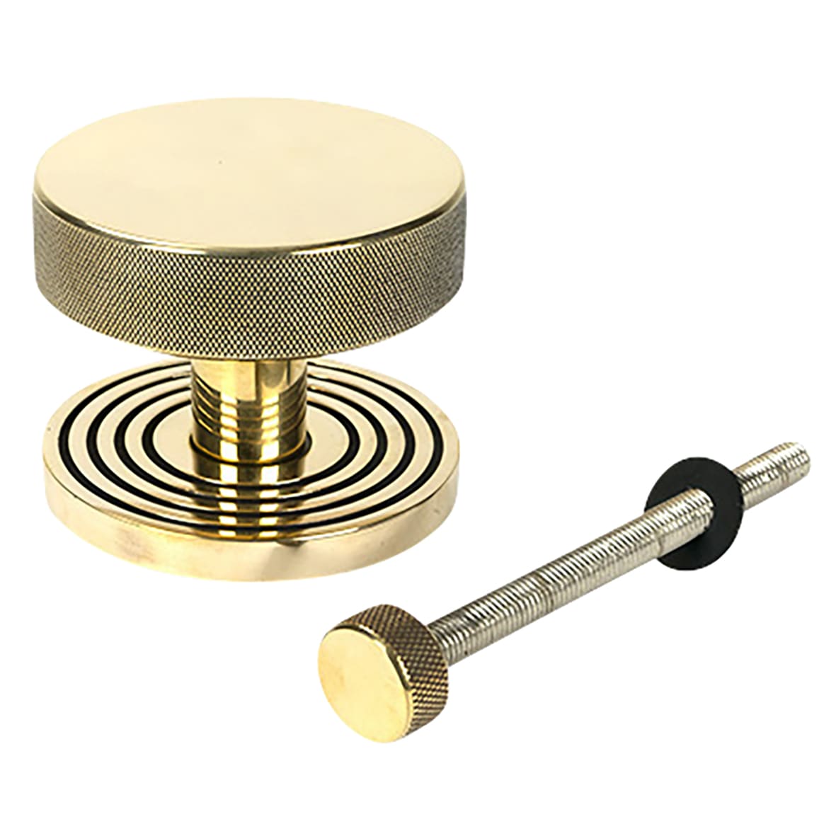 Brompton Aged Brass Round Knurled Centre Door Knob on Beehive Rose - 90mm Rose Diameter - view 2