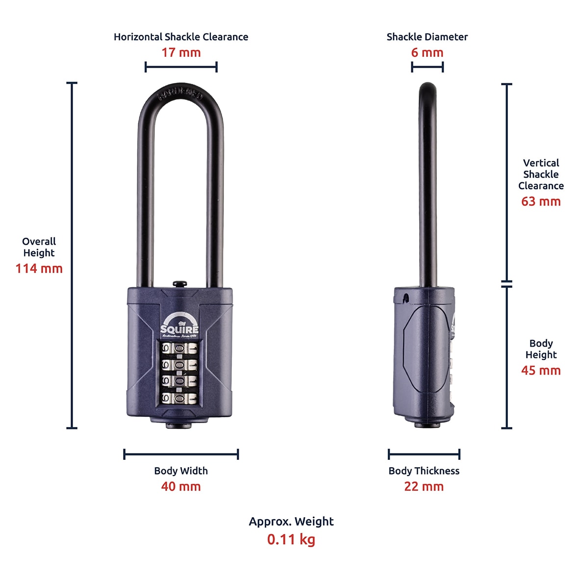 Combination All Weather Extra Long Shackle Padlock - 40mm Body - 17 x 63mm Shackle - Blue - view 5