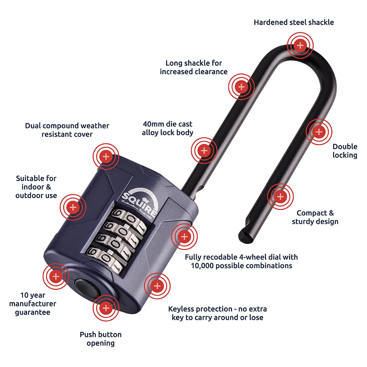 Combination All Weather Extra Long Shackle Padlock - 40mm Body - 17 x 63mm Shackle - Blue - view 6