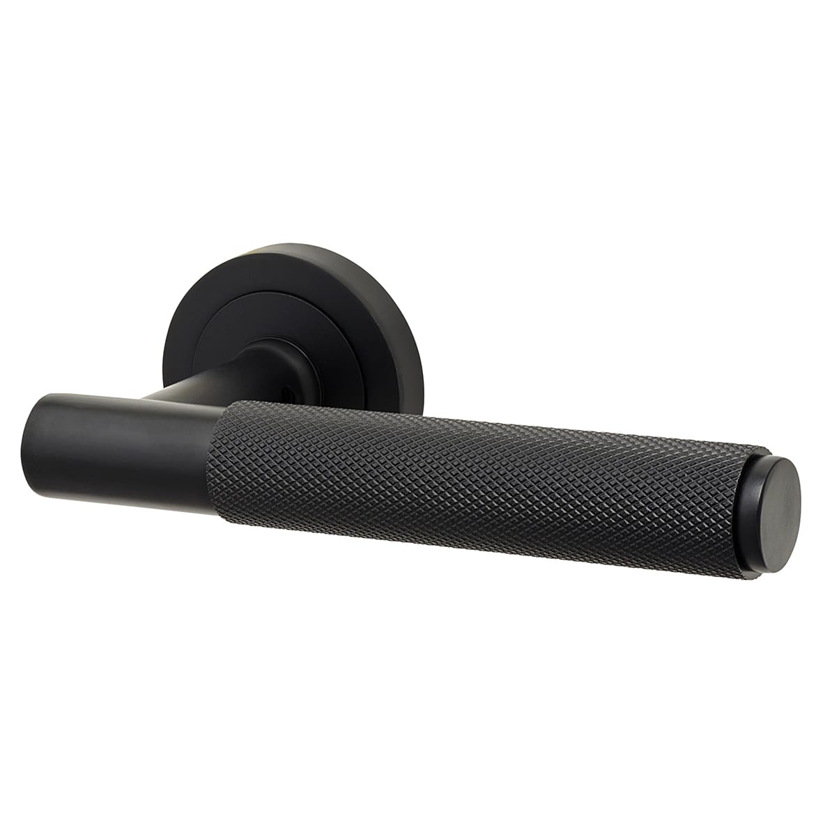 Matt Black Knurled Door Handles on Round Rose - Remi Range - view 2