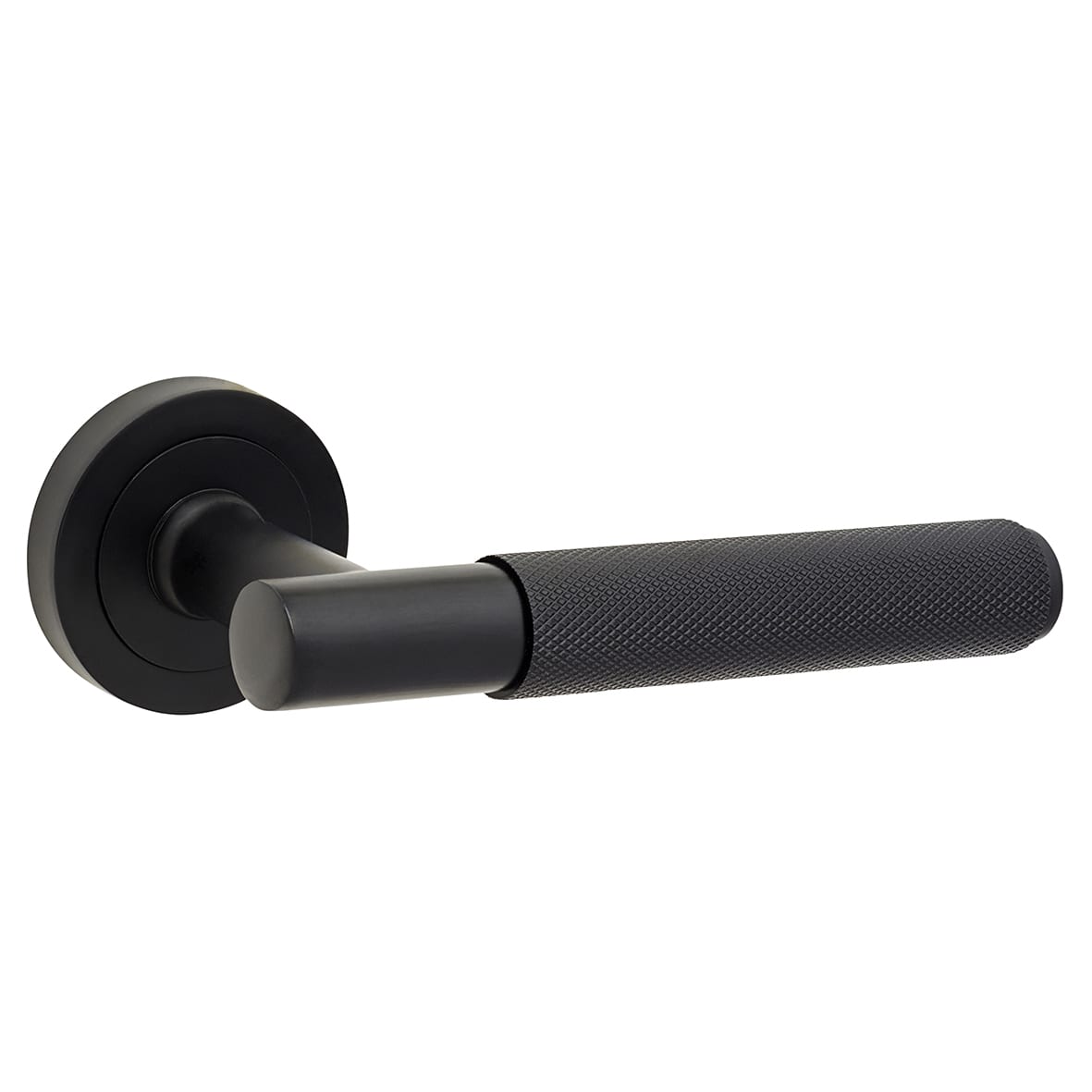 Matt Black Knurled Door Handles on Round Rose - Remi Range - view 3