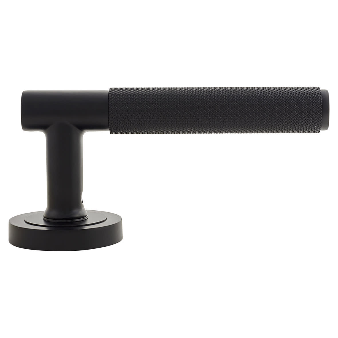 Matt Black Knurled Door Handles on Round Rose - Remi Range - view 4