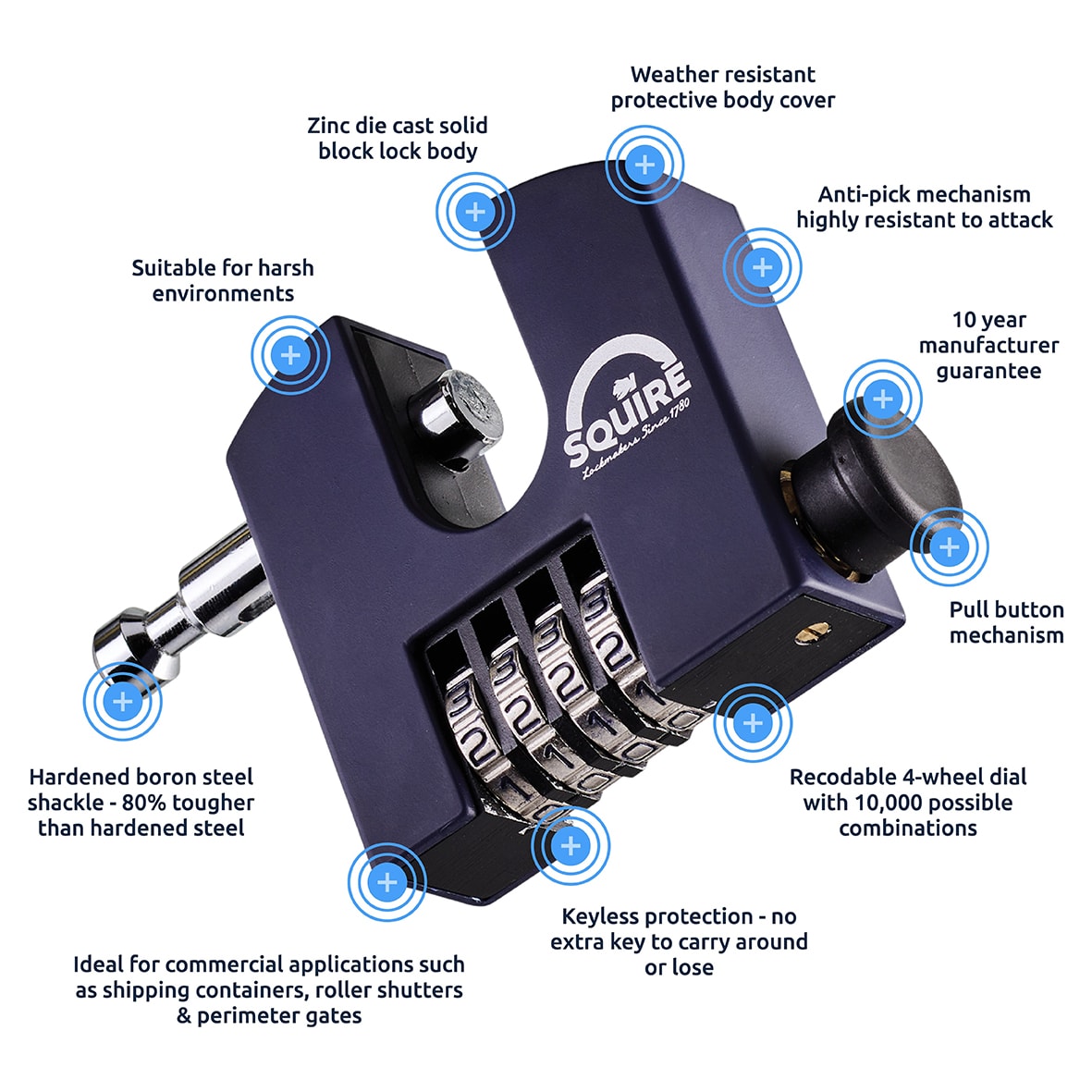 Security Combination Padlock - 65mm Body - 15 x 20 x 75mm Shackle - Blue - view 7