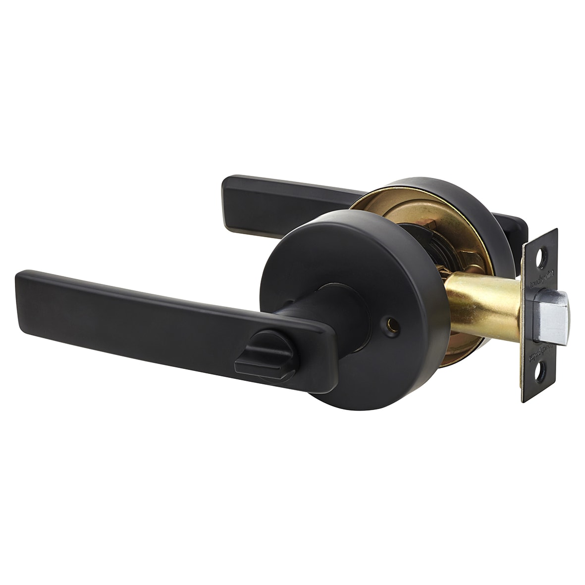 Matt Black Straight Hotel Bathroom Door Handles on Round Rose Set - view 2