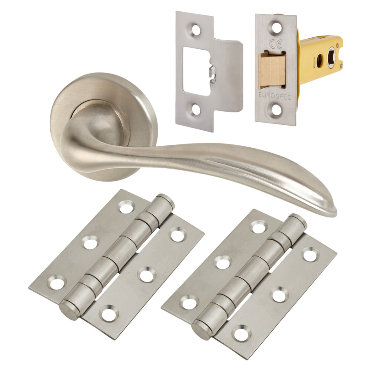 Satin Stainless Steel Latch Door Handles on Rose Pack - Swept 3 Range - view 2