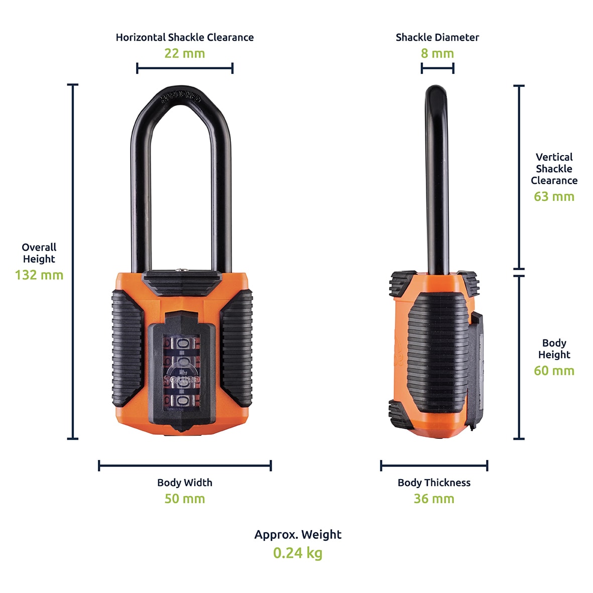 All Weather Combination Long Shackle Padlock - 50mm Body - 62 x 23mm Shackle - Orange - view 4