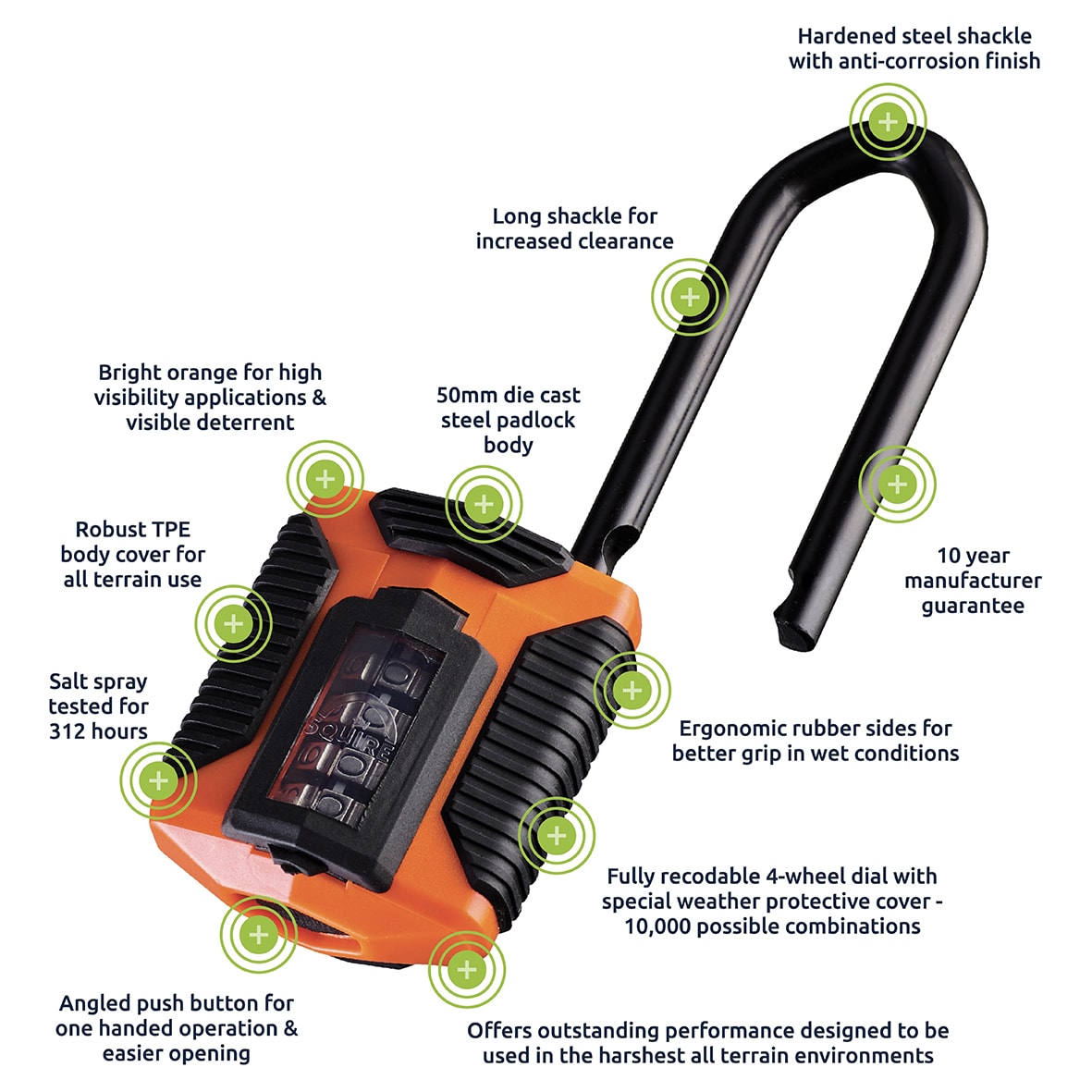 All Weather Combination Long Shackle Padlock - 50mm Body - 62 x 23mm Shackle - Orange - view 5