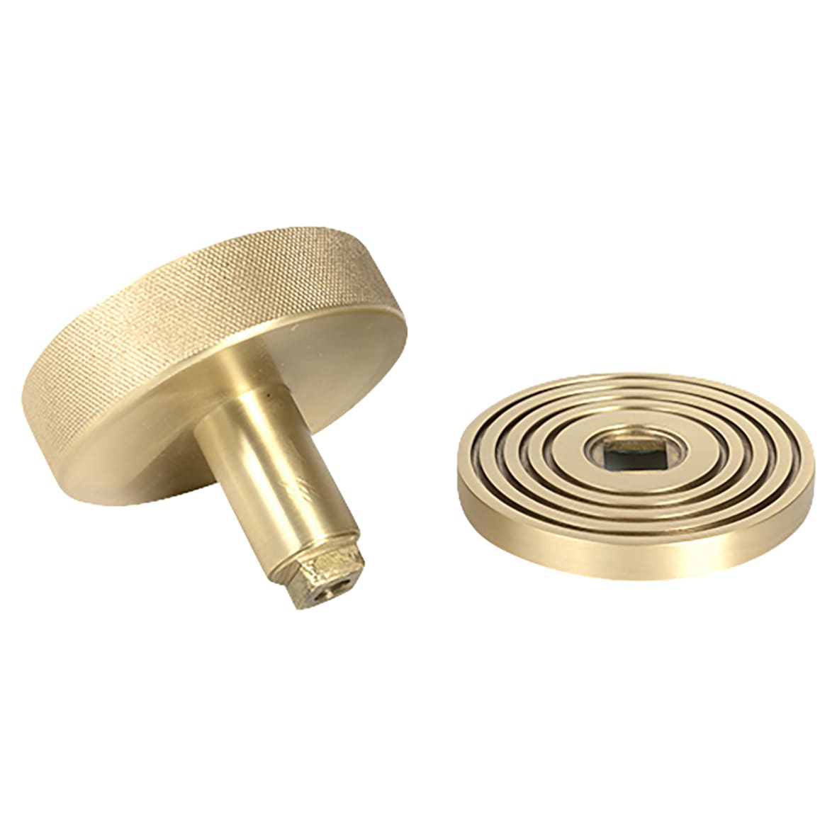 Brompton Satin Brass Round Knurled Centre Door Knob on Beehive Rose - 90mm Rose Diameter - view 2