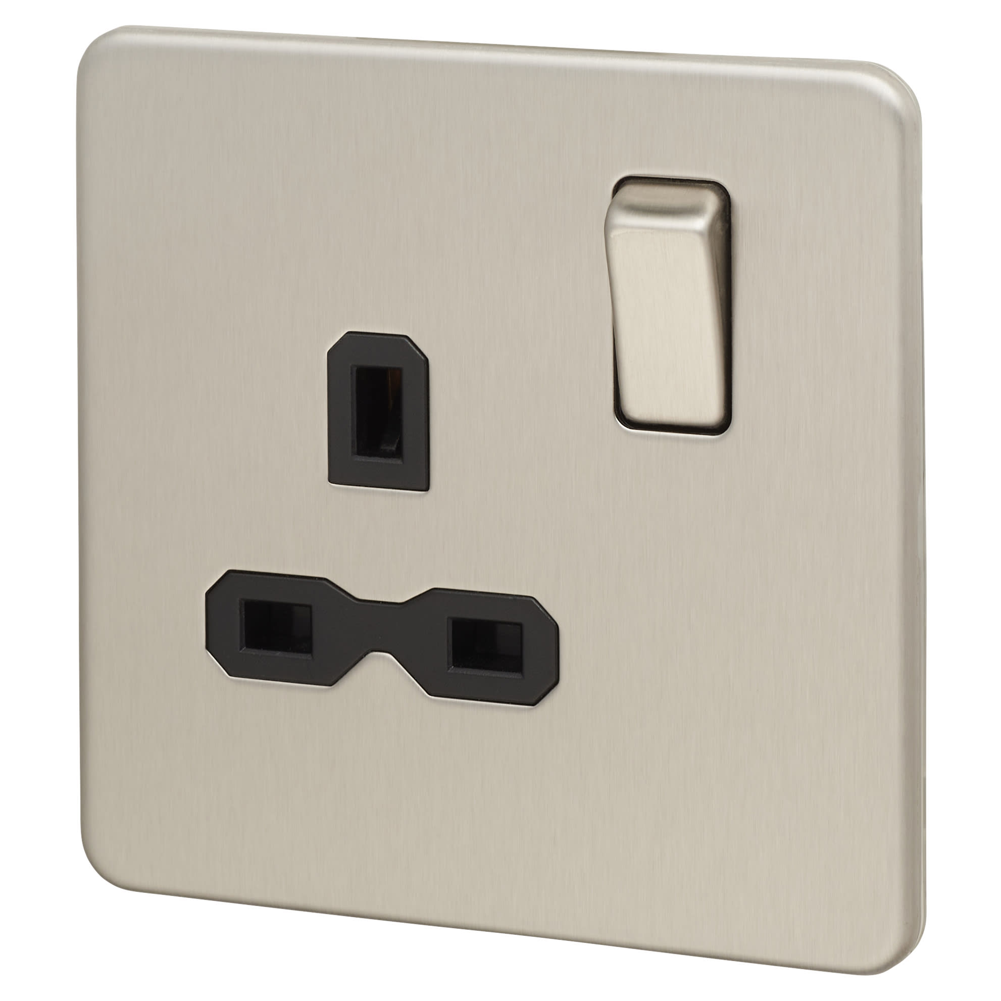 13A 1 Gang Screwless Flat Plate DP Switched Socket - Brushed Chrome with Black Insert - view 2