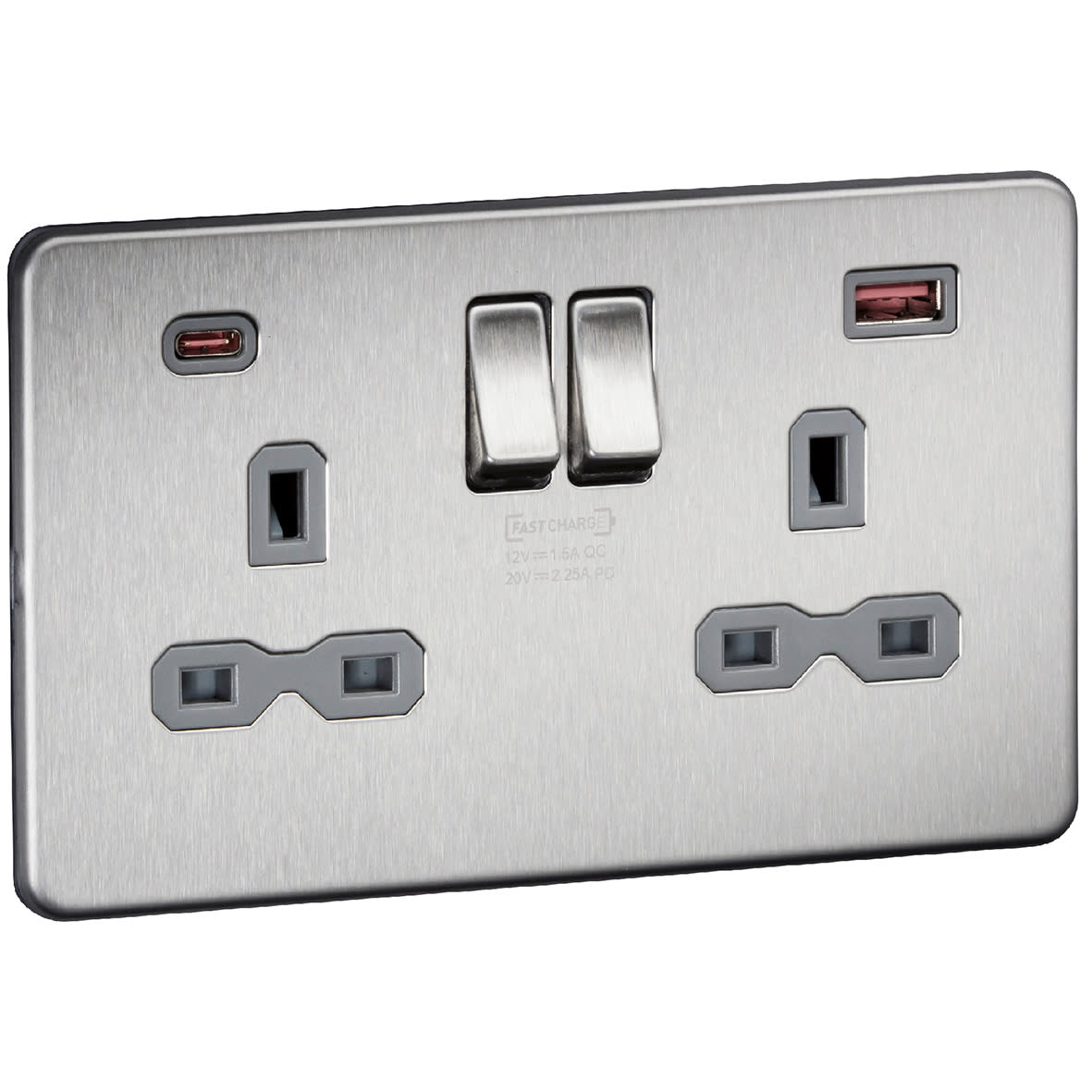 13A 2 Gang Type A/C 45W Fastcharge USB Socket with 2 x USB - Brushed Chrome/Grey - view 2