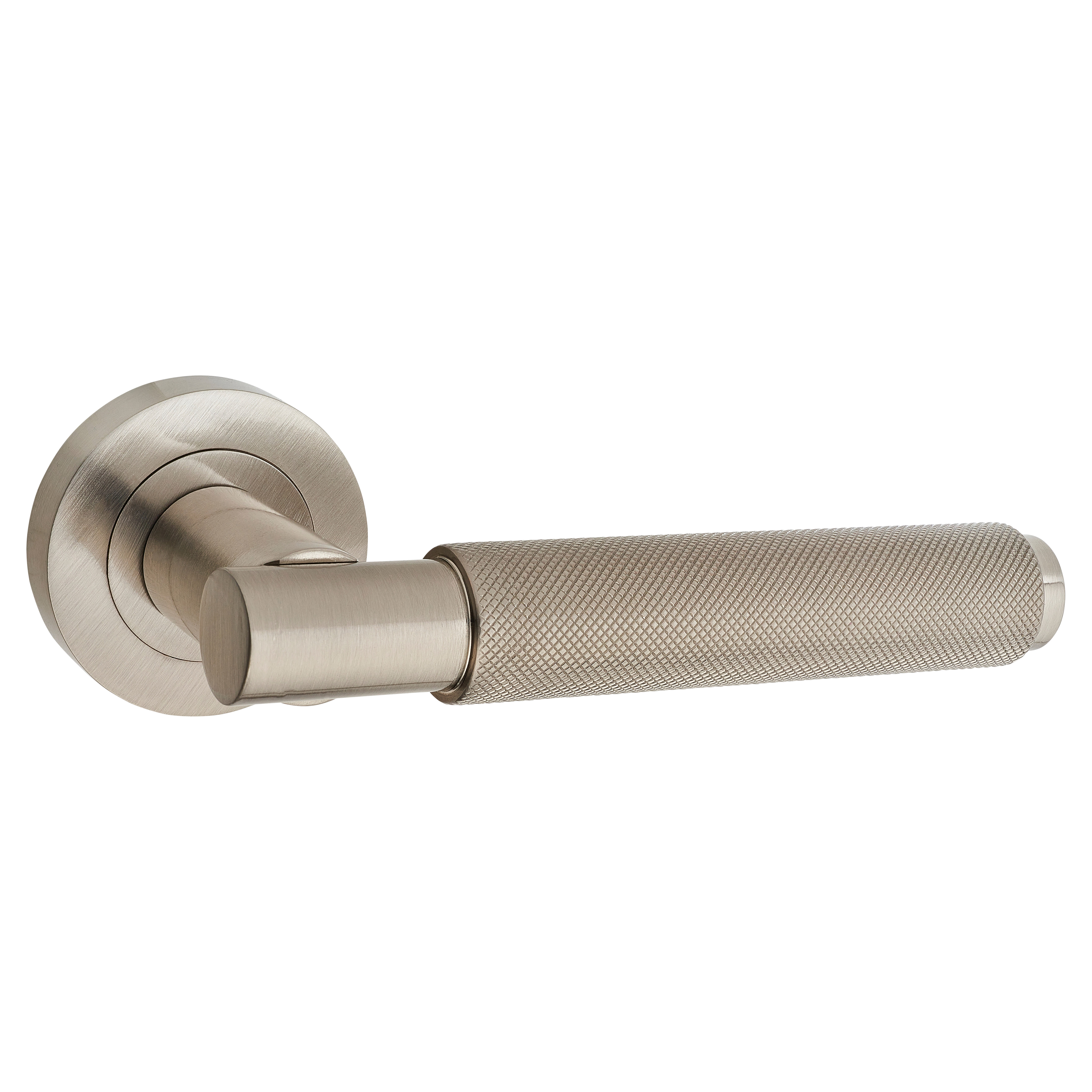 Brass Satin Nickel Knurled Door Handles on Round Rose - Varese Range - view 2