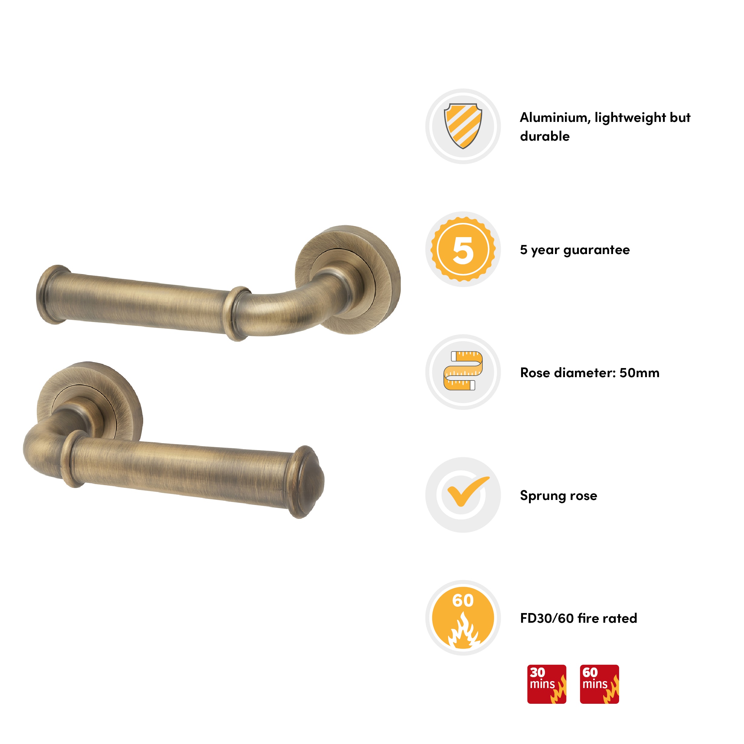 Antique Brass Fire Rated Door Handles on Round Rose - Classic Range - view 2
