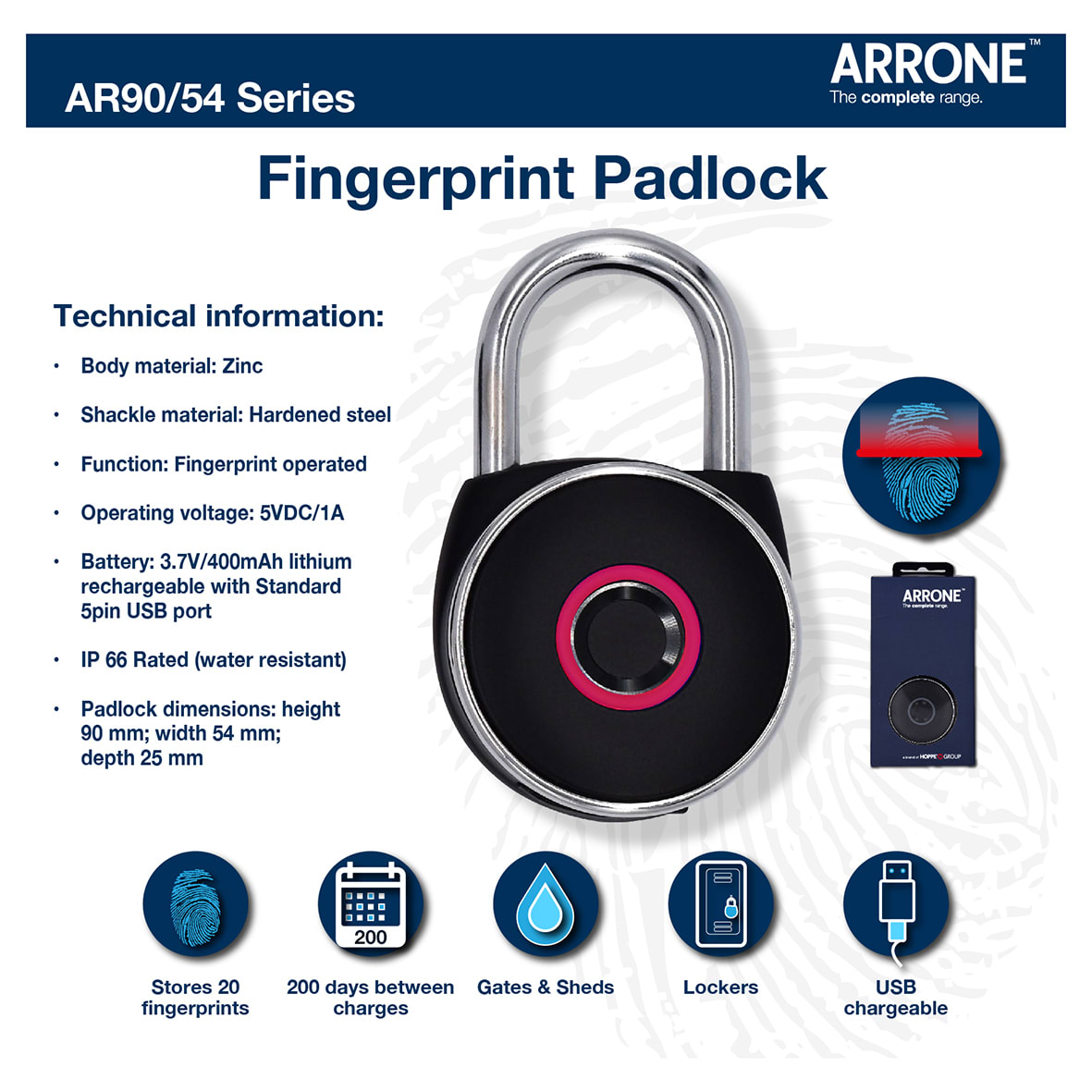 Fingerprint Biometric All Weather Padlock - 55mm Body - 33 x 30mm Shackle - Black - view 4