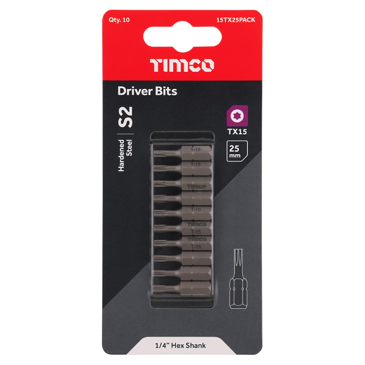 Steel Driver Bits - Torx - T15 - 25mm Length - Pack of 10 - view 3