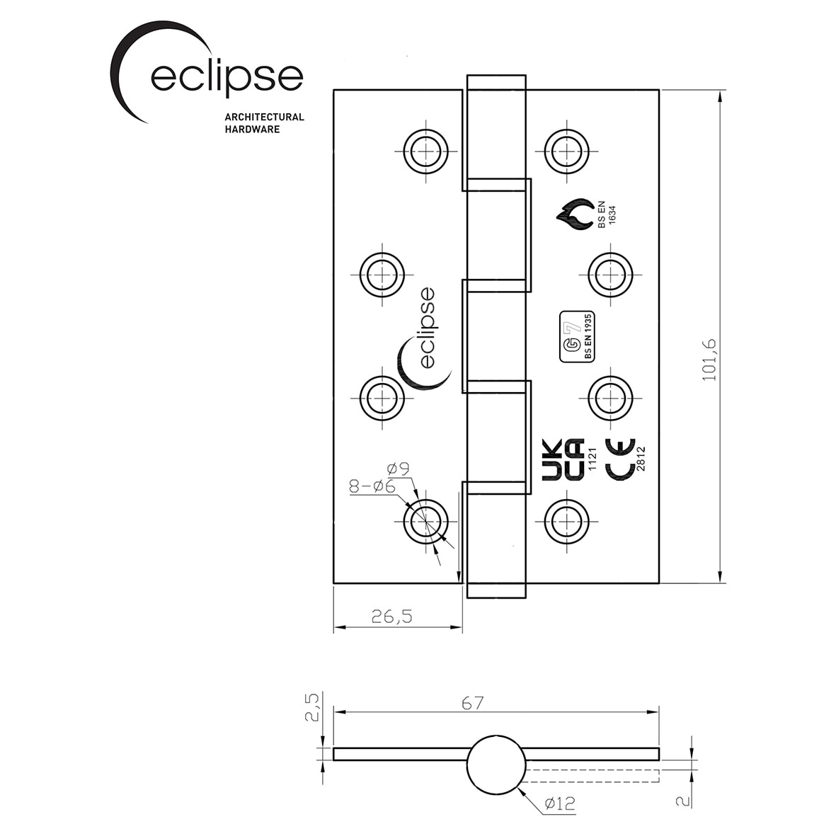 Slim Knuckle Grade 7 Washered Butt Fire Door Hinge - 102 x 67 x 2.5mm - Sat Stainless - Pair - view 3
