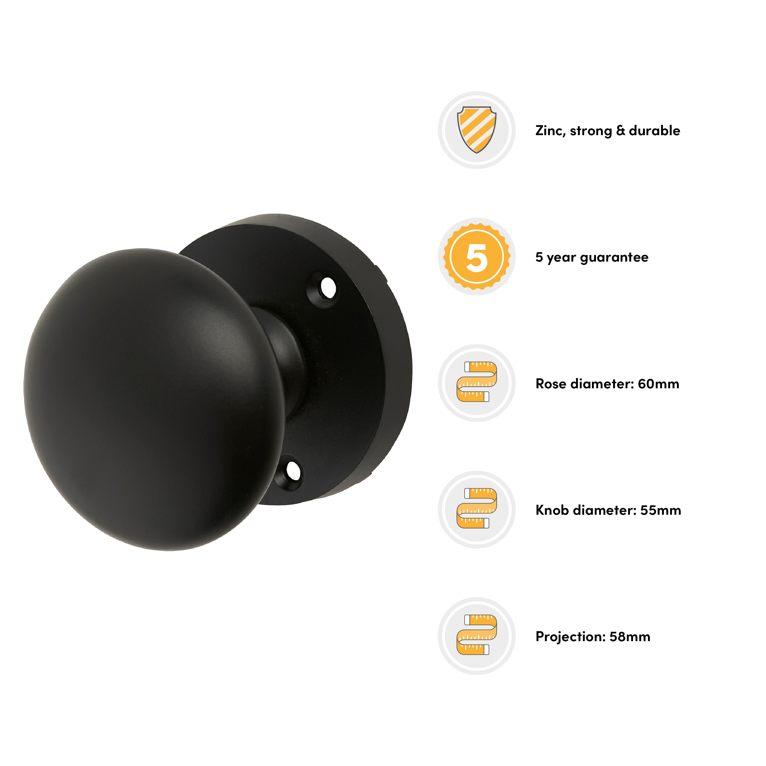 Matt Black Round Mortice Door Knob - 60mm Rose Diameter - view 2