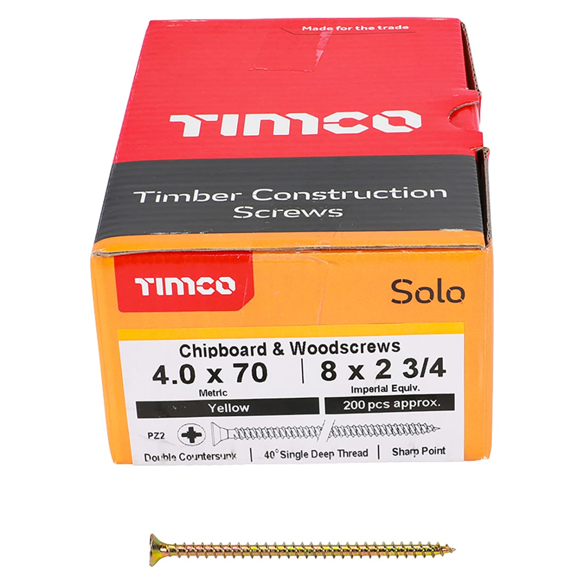 Solo Chippy Pozi Countersunk Wood Screws - 4.0 x 70mm - Yellow Zinc - Pack of 200 - view 2