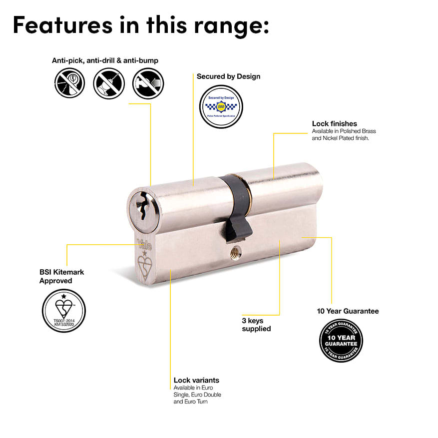 1 Star 6 Pin Kitemarked 80mm Euro Double Cylinder - 40 + 40mm - Pol Nickel - Keyed to Differ - view 3