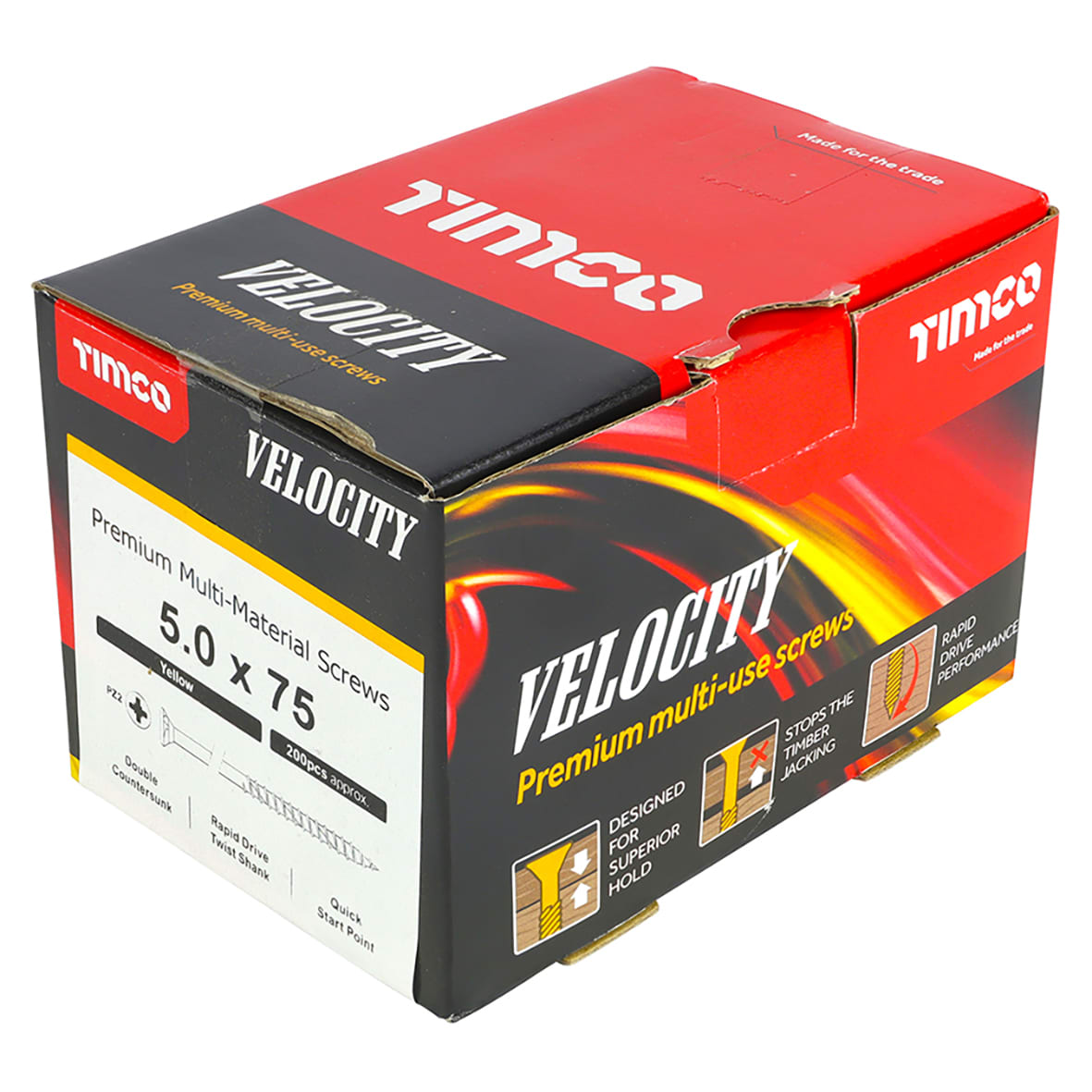 Velocity Pozi Countersunk Wood Screws - 5.0 x 75mm - Yellow Zinc - Pack of 200 - view 3