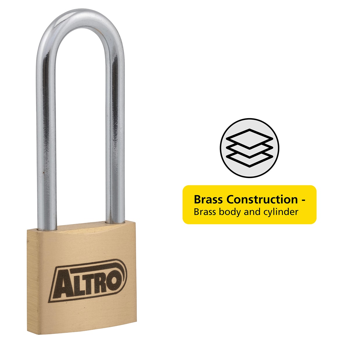 Solid Brass Long Shackle Padlock - 40mm Body - 51 x 23mm Shackle - Keyed to Differ - view 2
