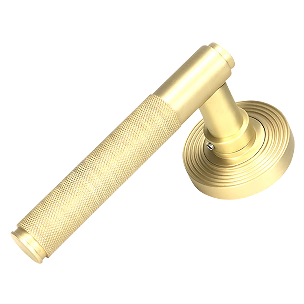 Satin Brass Knurled Door Handles on Round Beehive Rose - Brompton Range - view 2