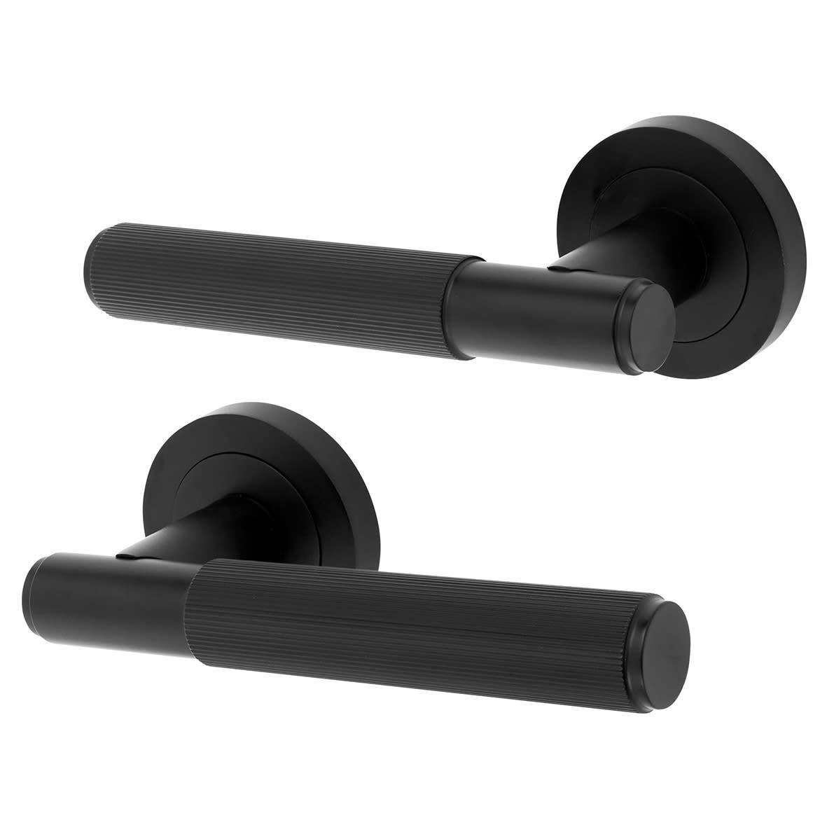 Matt Black Lines Bathroom Deadbolt Lock Door Handles on Rose Pack - Nova Range - view 2