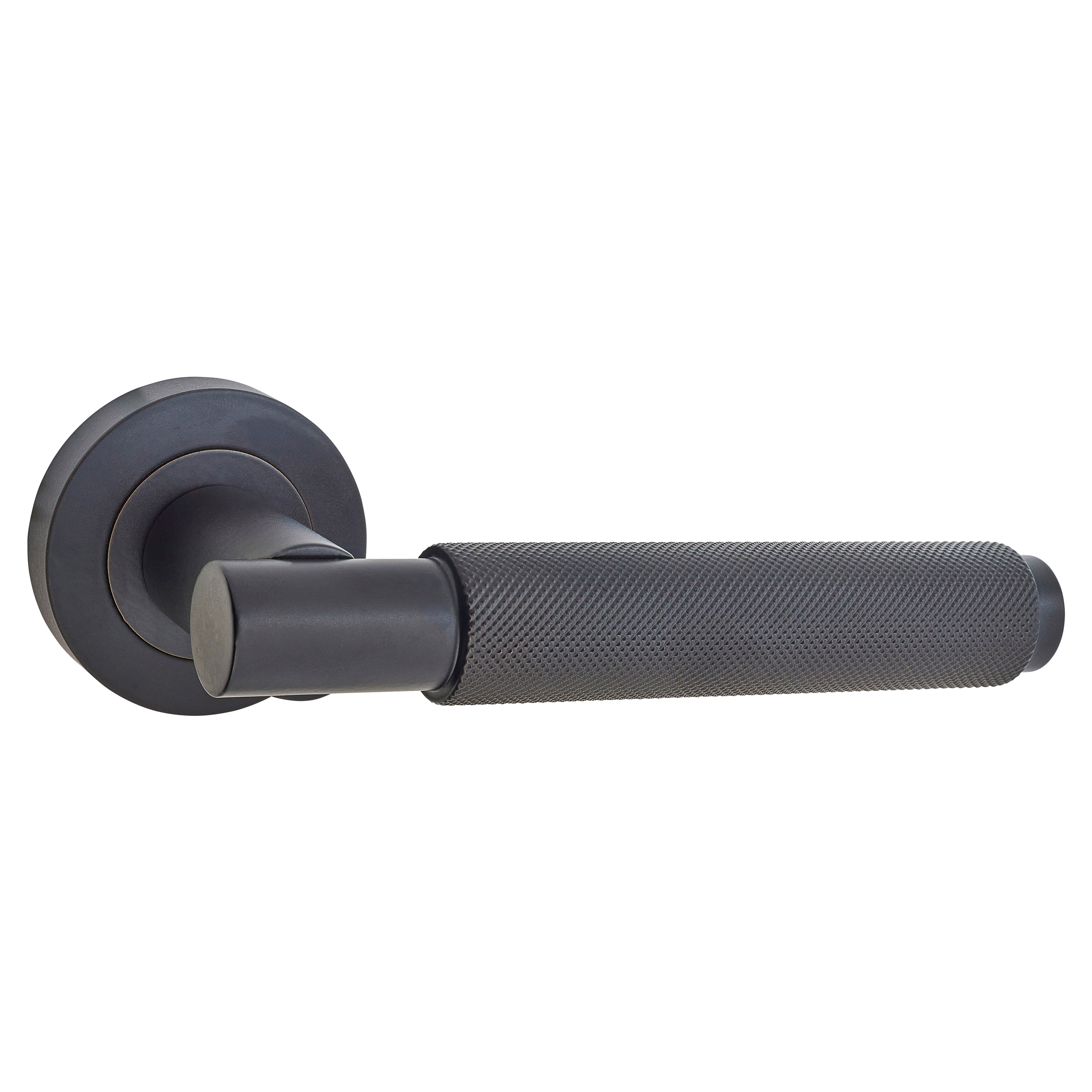 Brass Matt Black Knurled Door Handles on Round Rose - Varese Range - view 2