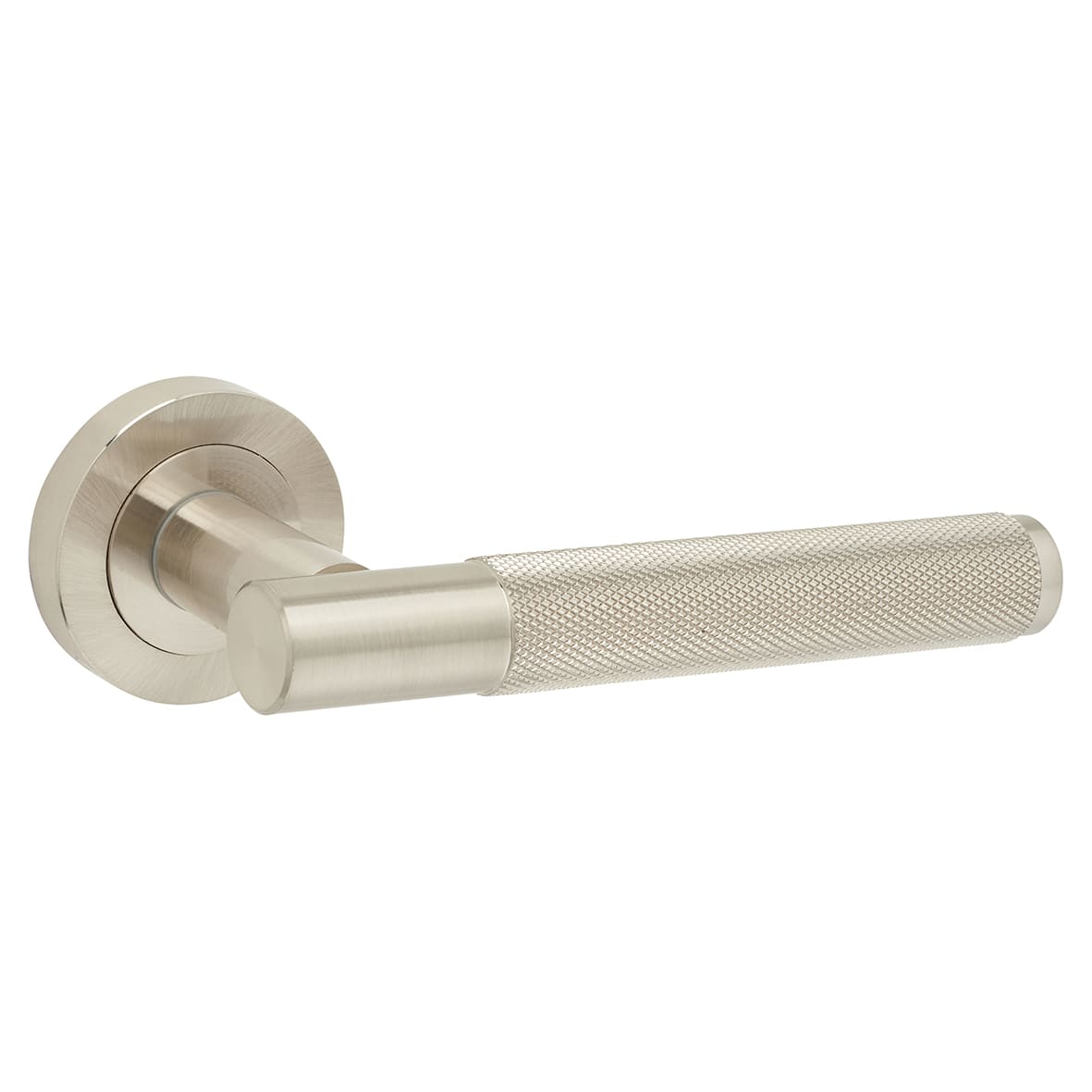 Satin Nickel Fire Rated Knurled Door Handles on Round Rose - Bari Range - view 2
