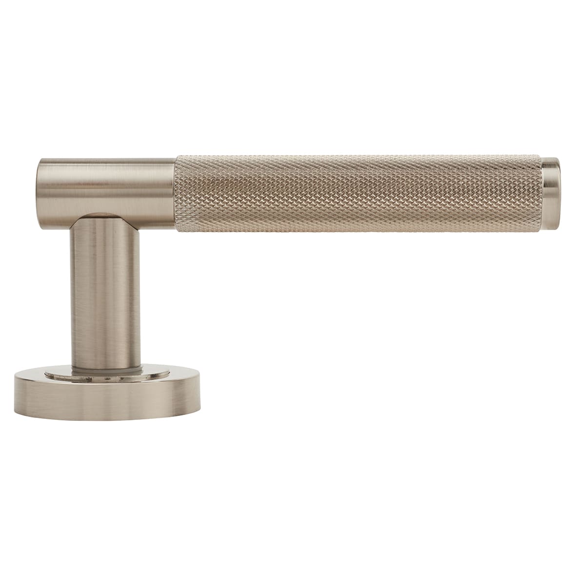 Satin Nickel Fire Rated Knurled Door Handles on Round Rose - Bari Range - view 3