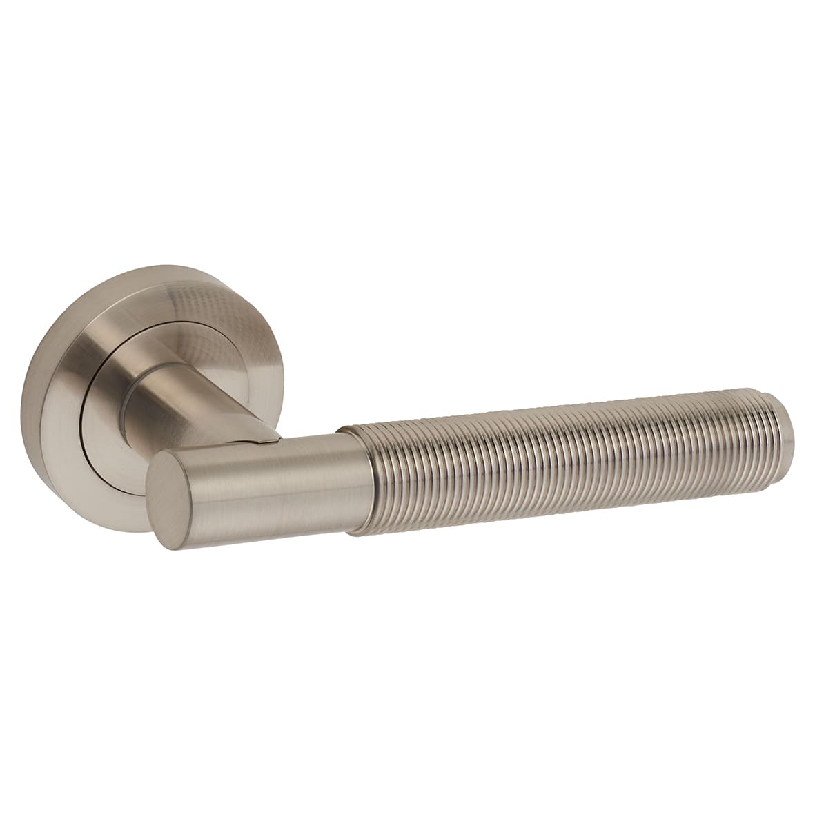Satin Nickel Reeded Door Handles on Round Rose - Lily Range - view 2