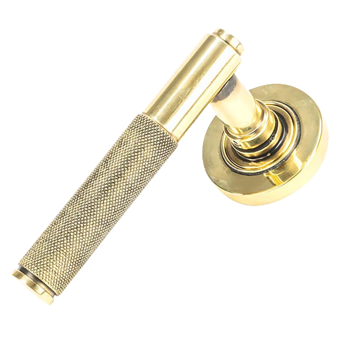 Aged Brass Knurled Door Handles on Round Rose - Brompton Range - view 2