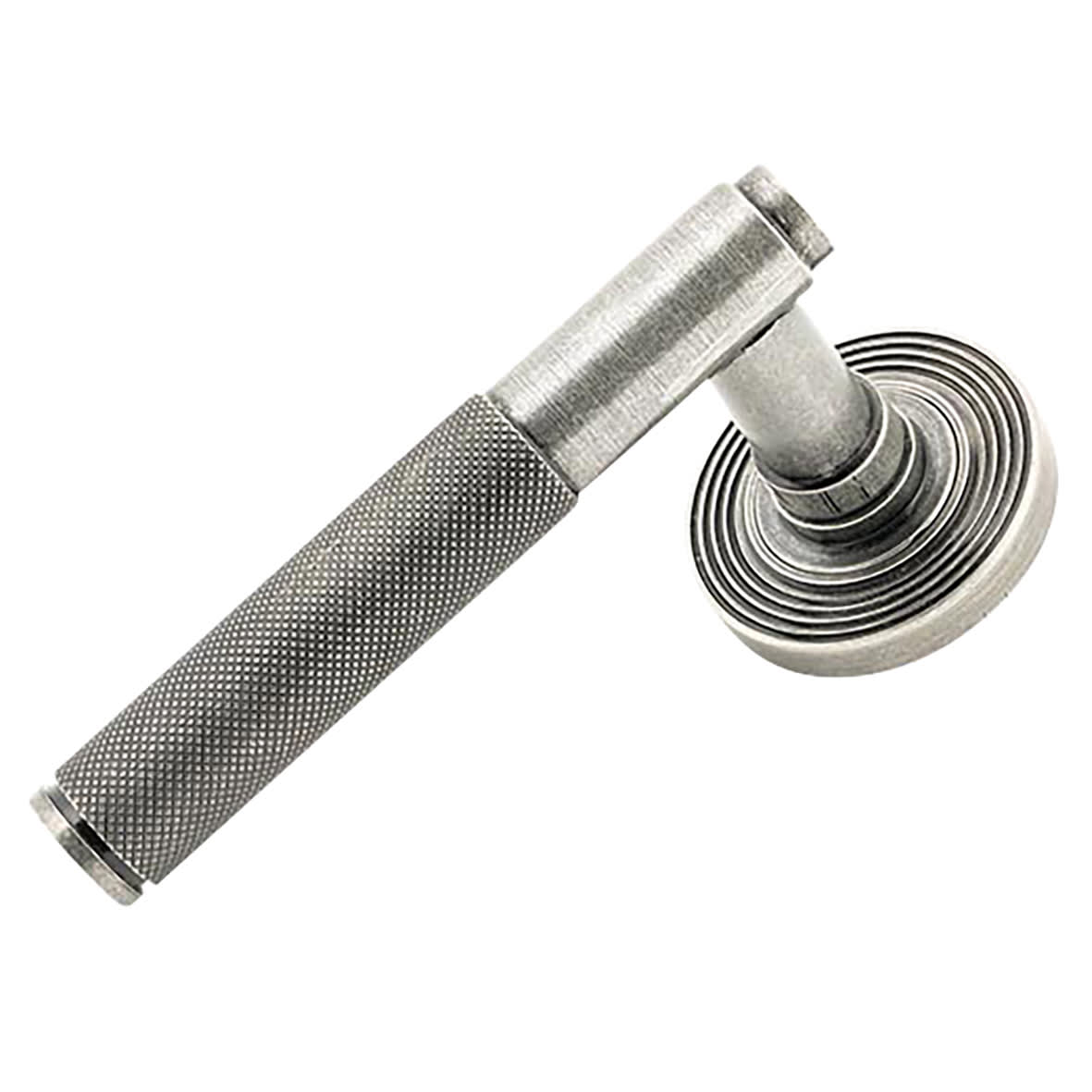 Pewter Knurled Door Handles on Round Beehive Rose - Brompton Range - view 2