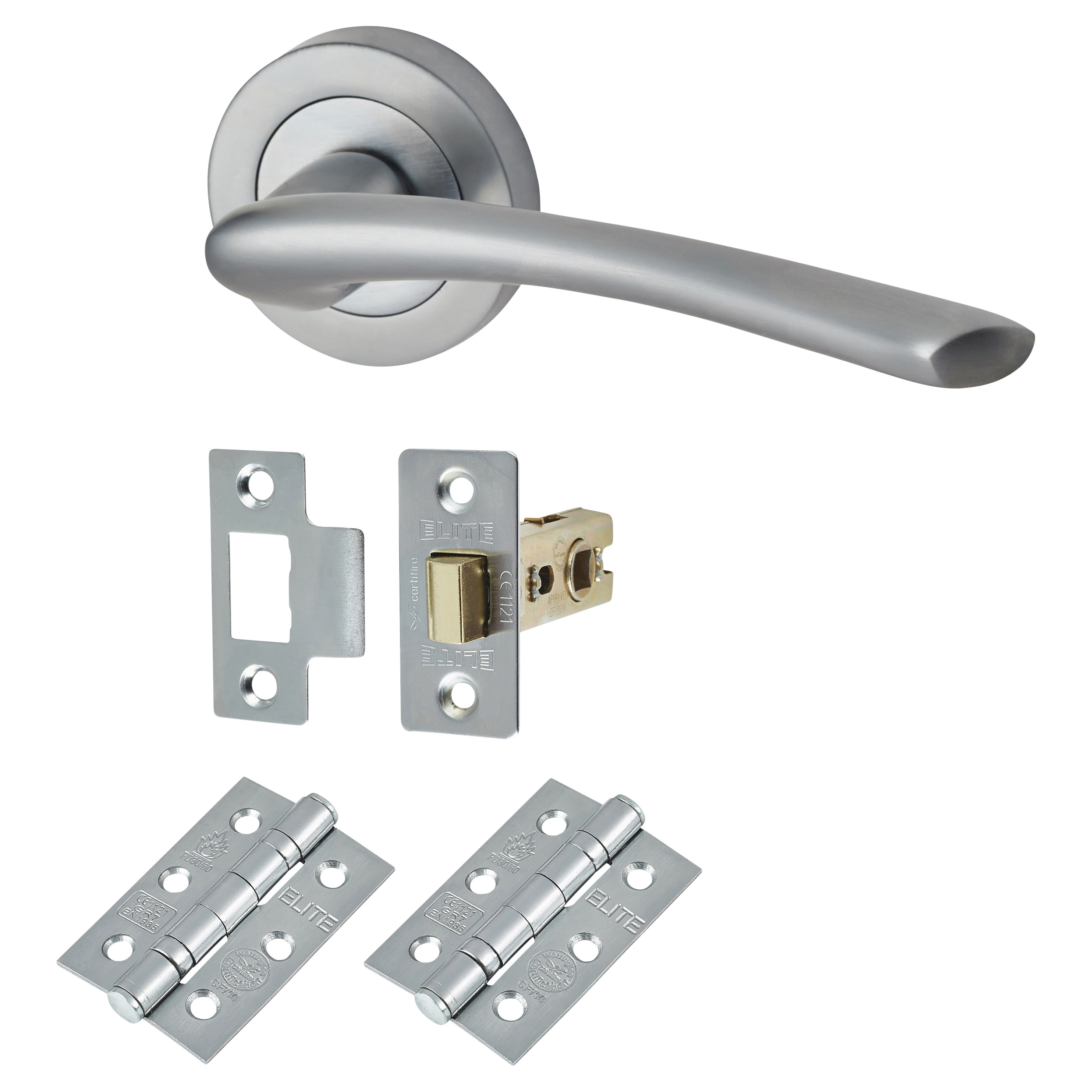 Satin Chrome Latch Door Handles on Rose Pack - Rimini Range - view 2
