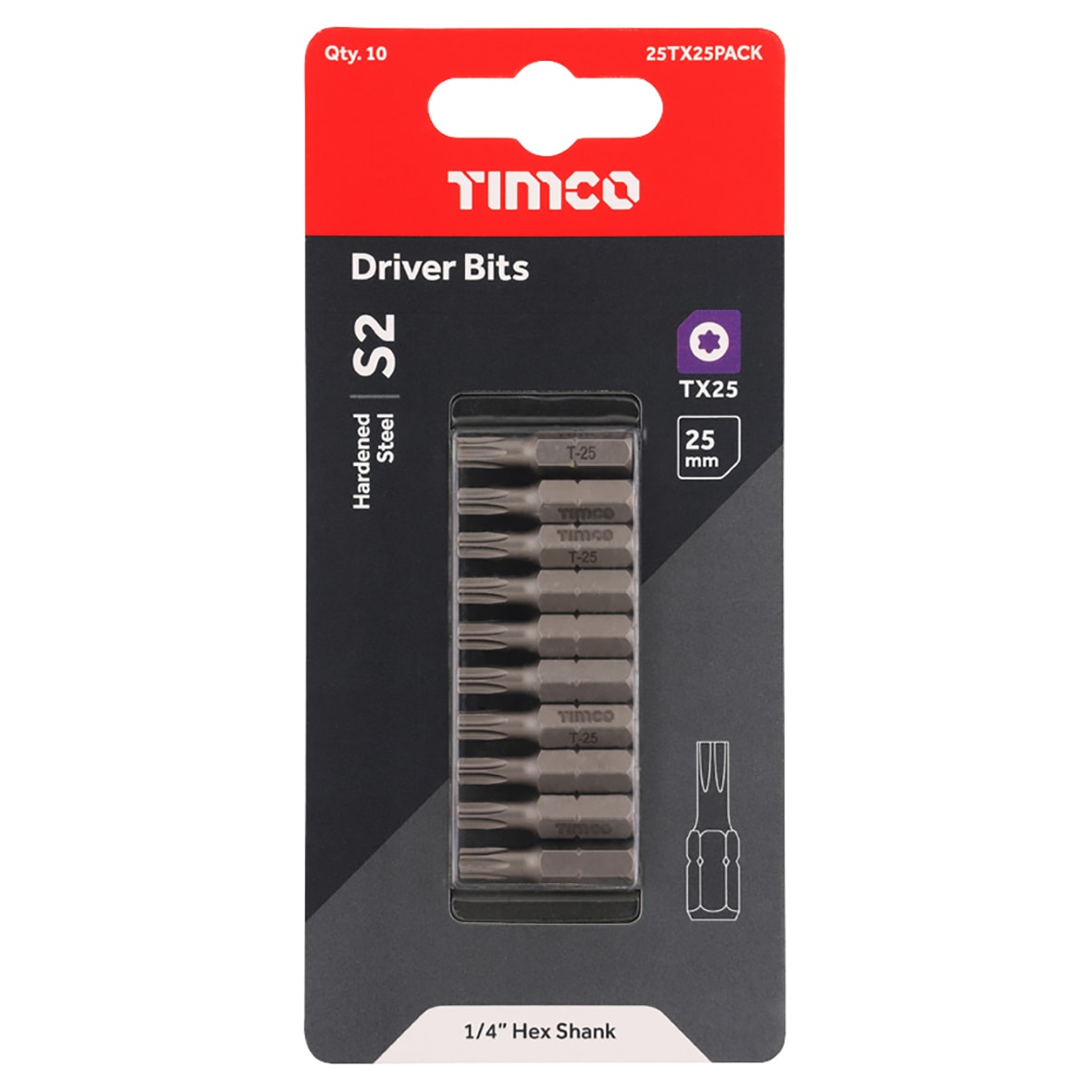 Steel Driver Bits - Torx - T25 - 25mm Length - Pack of 10 - view 3