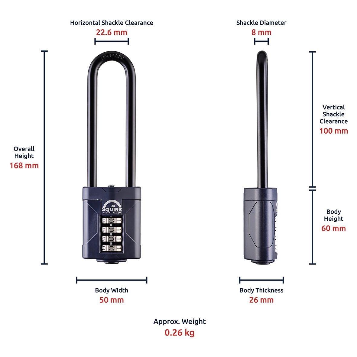 Combination Long Shackle Padlock - 50mm Body - 100 x 22.6mm Shackle - Blue - view 4