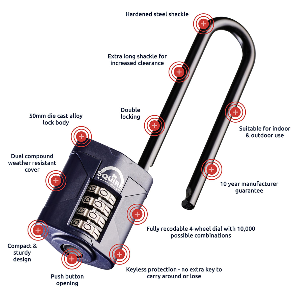Combination Long Shackle Padlock - 50mm Body - 100 x 22.6mm Shackle - Blue - view 5
