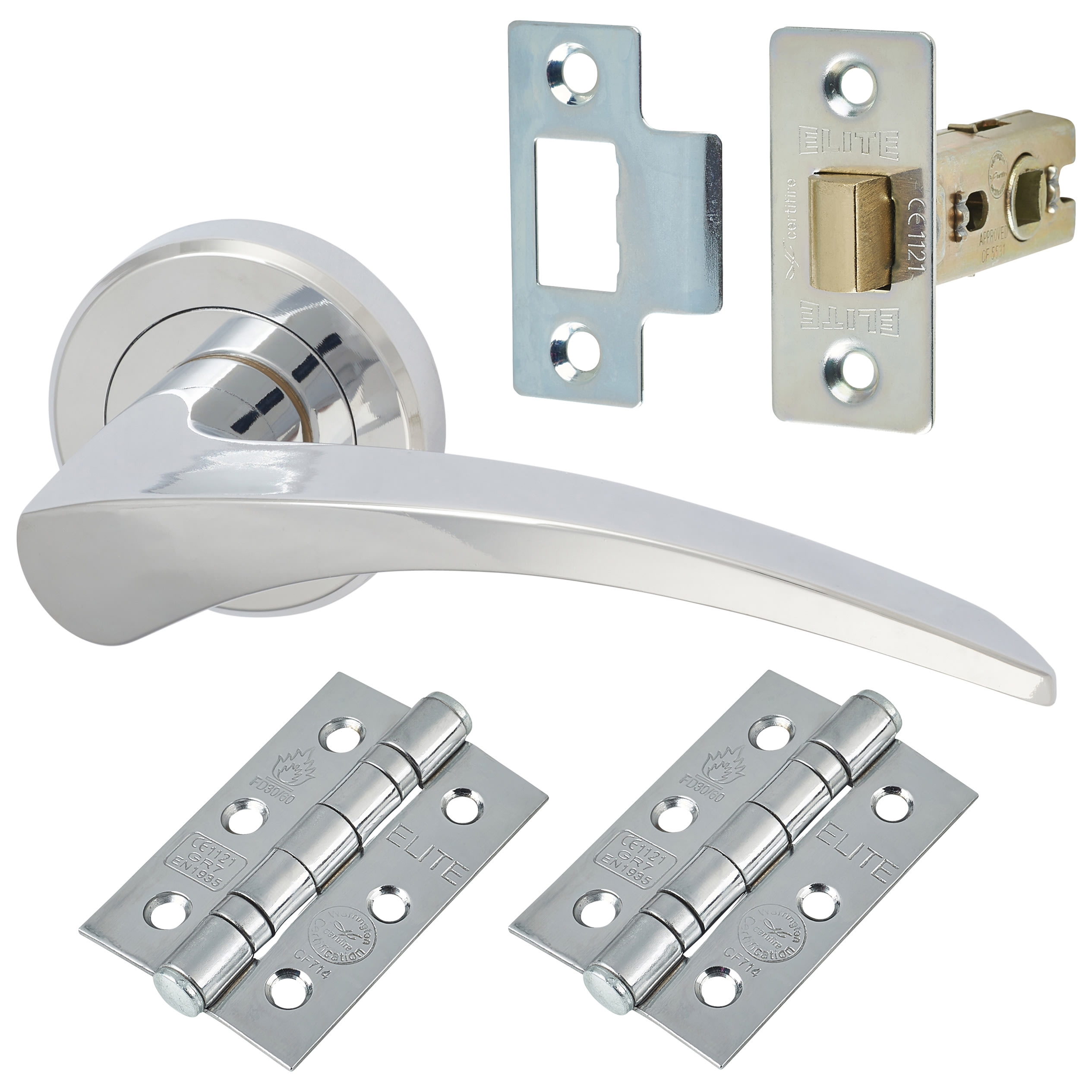 Brass Polished Chrome Latch Door Handles on Rose Pack - Oliver Range - view 2
