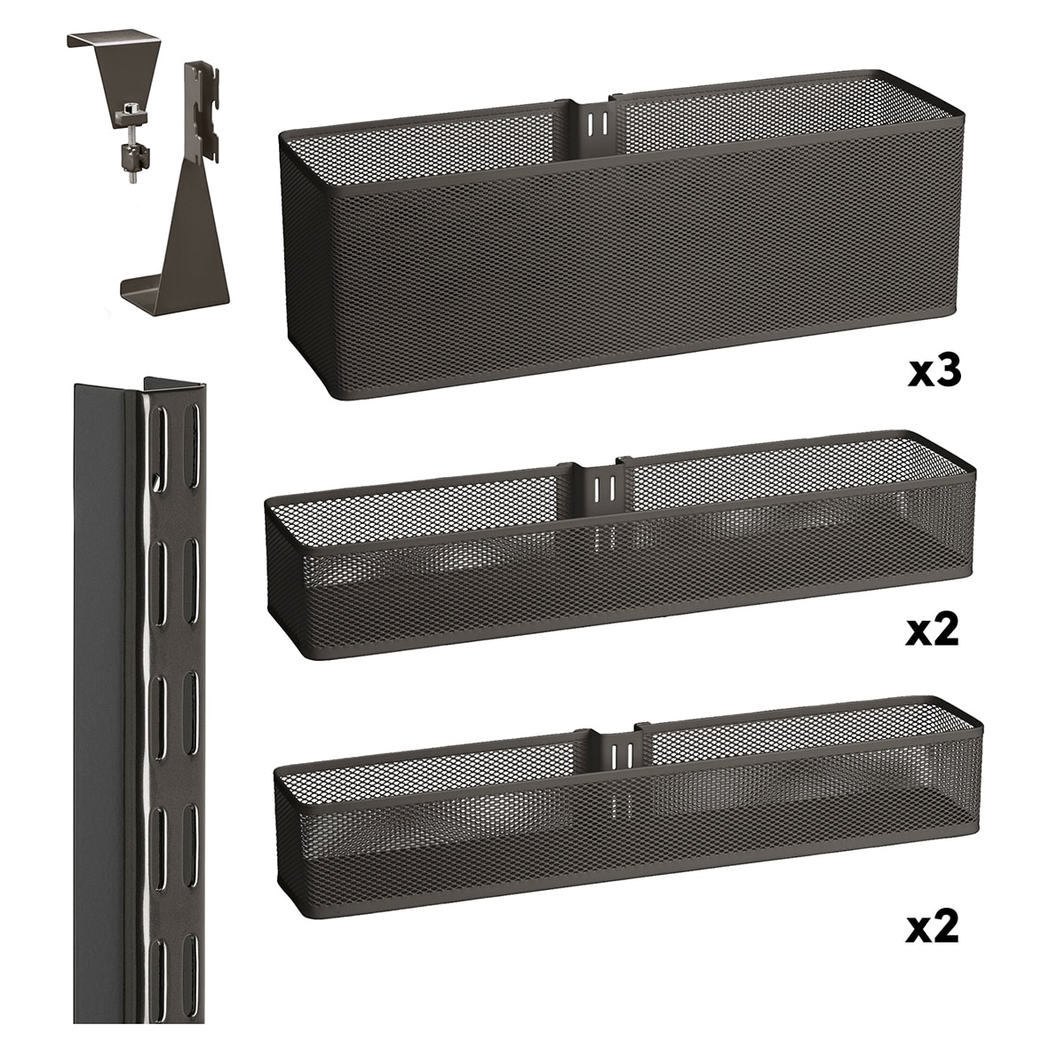 Wardrobe & Over Door Storage Kit - 1 Twin Slot Wall Upright & 7 Mesh Baskets - Graphite - view 2
