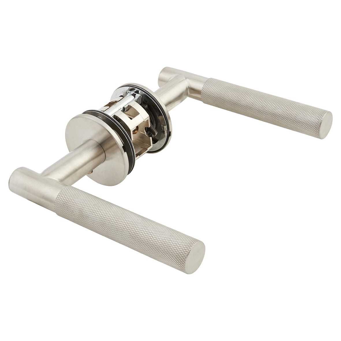 Satin Stainless Steel Knurled Door Handles on Round Slim Rose - Schema Teckna Range - view 4