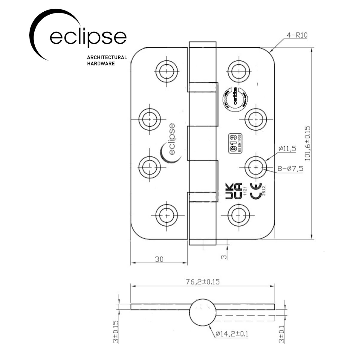 Radius Ball Bearing Grade 13 Butt Fire Door Hinge - 102 x 76 x 3mm - Satin Brass - Pair - view 3