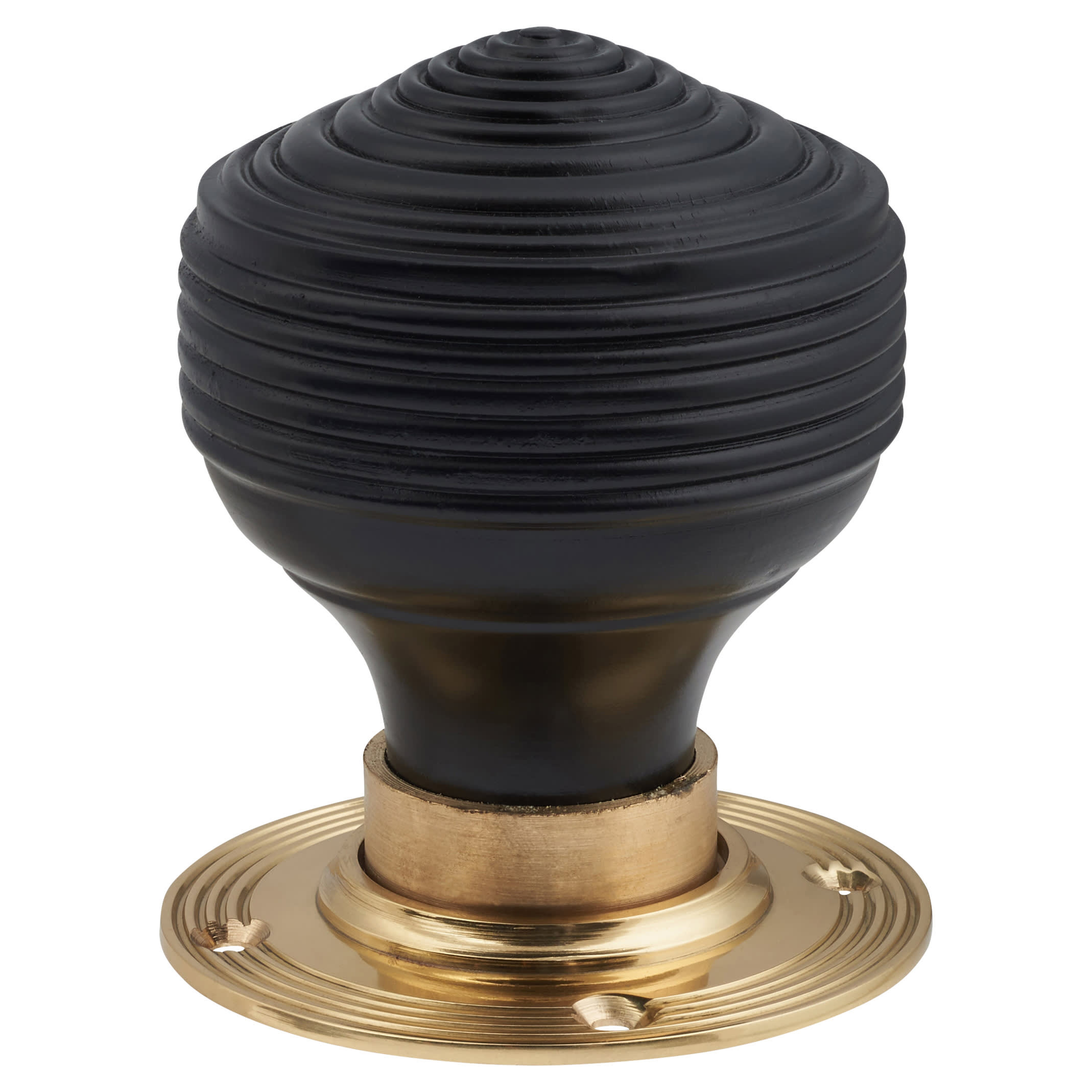Ebony Knob & Brass Rose Edwardian Beehive Mortice/Rim Door Knob - 60mm Rose Diameter - view 2