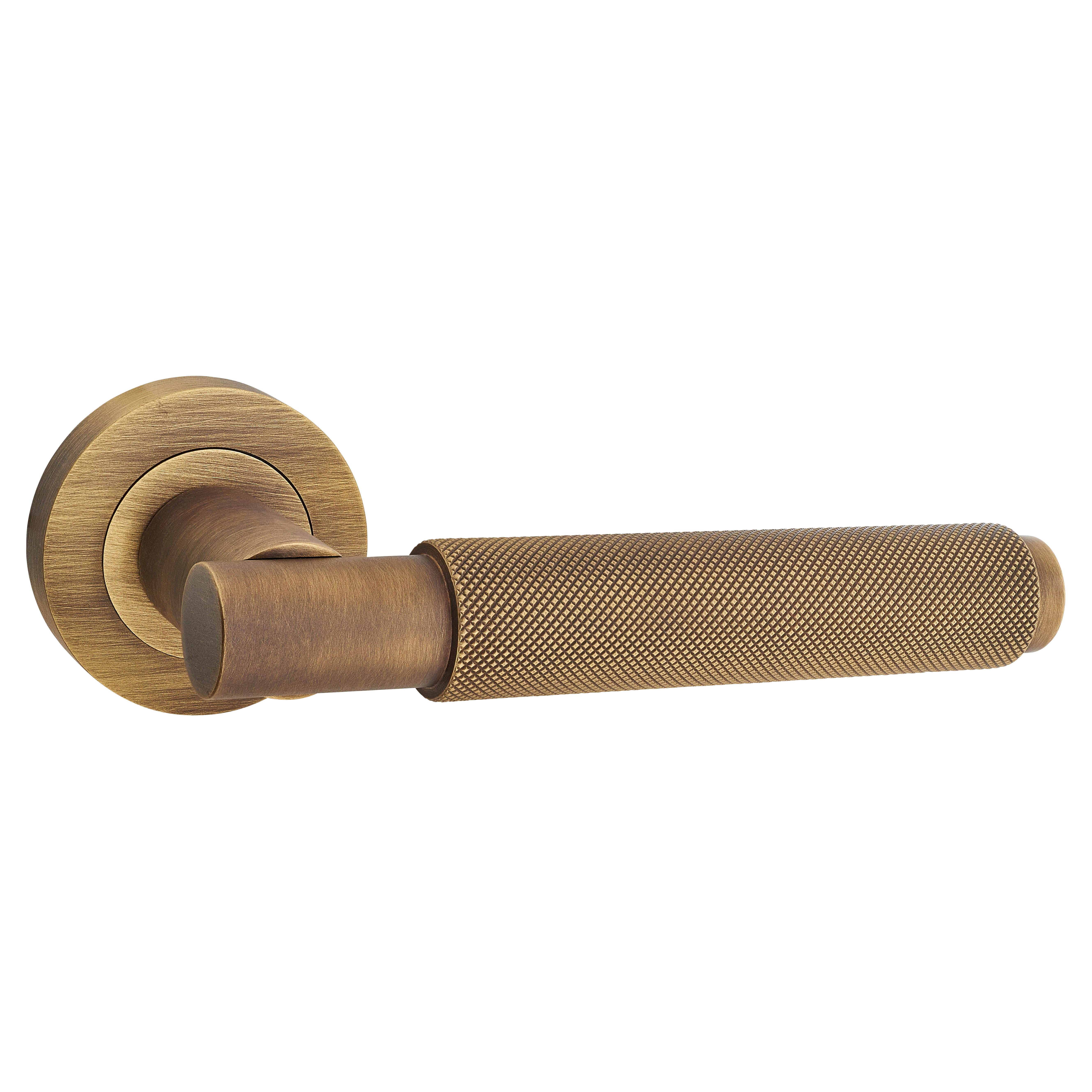 Brass Antique Brass Knurled Door Handles on Round Rose - Varese Range - view 2