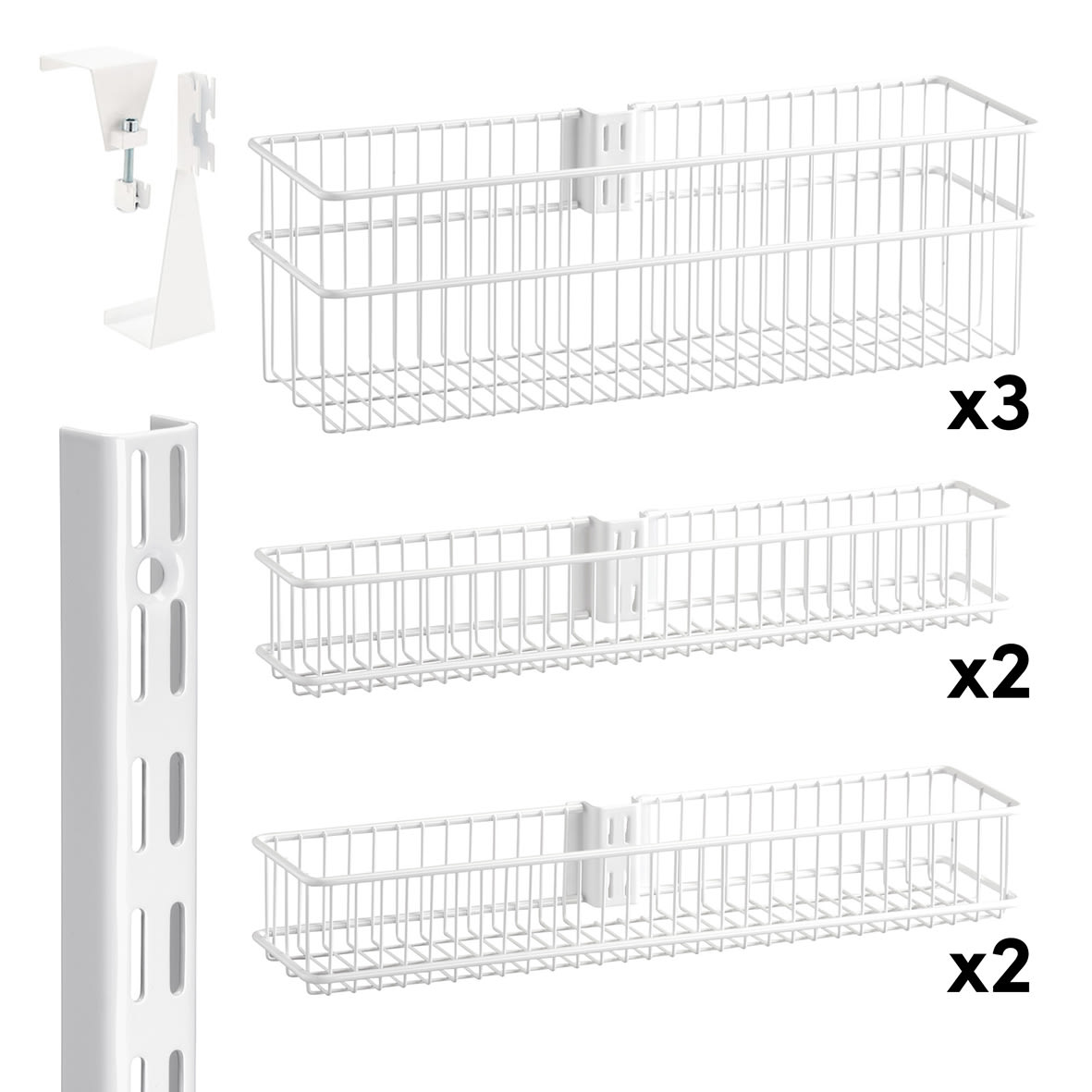 Wardrobe & Over Door Storage Kit - 1 x Twin Slot Wall Upright & 7 x Wire Baskets - White - view 2