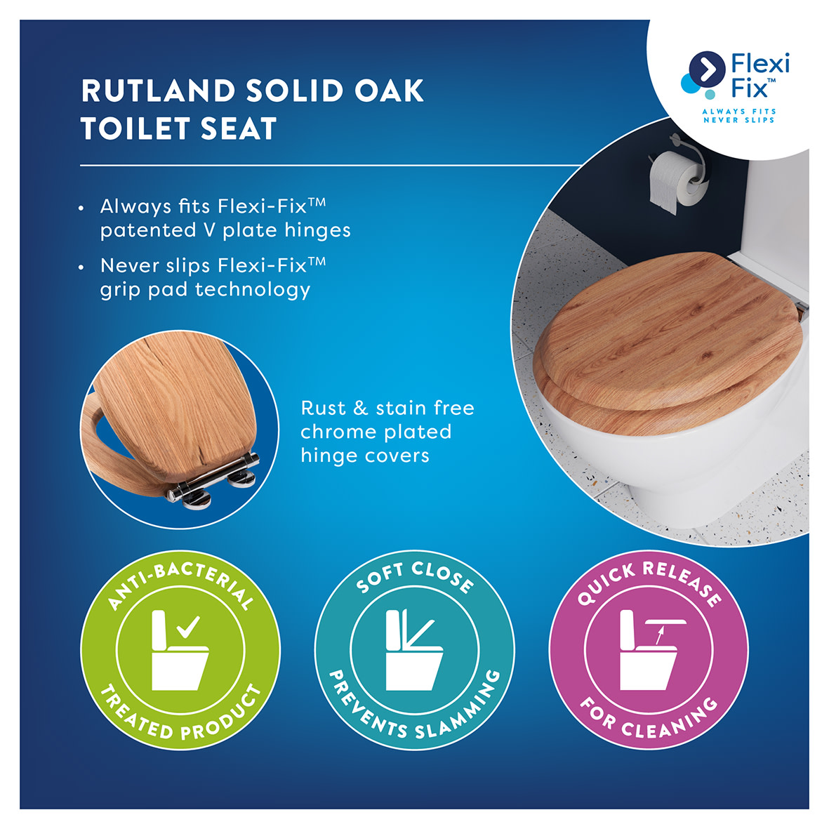 Rutland Flexi-Fix Soft Close Wooden Toilet Seat - Natural Wood - view 5