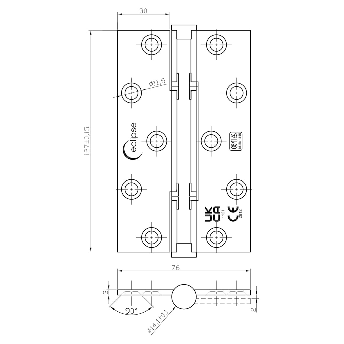 Thrust Bearing Grade 14 Butt Fire Door Hinge - 127 x 76 x 3mm - Polished Brass - Pair - view 2
